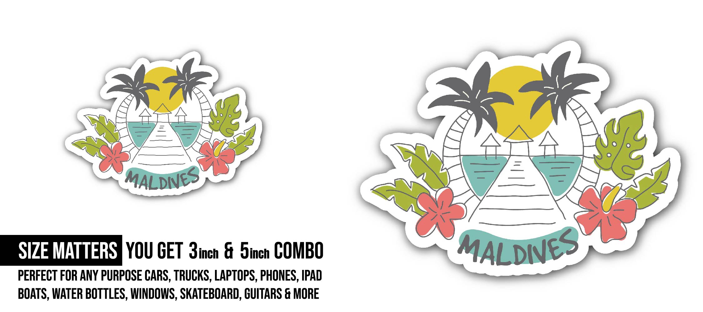 Maldives Sticker, Waterproof Vinyl Decal Sticker Indoor Or Outdoor 2 (Pieces) 3" and 5"