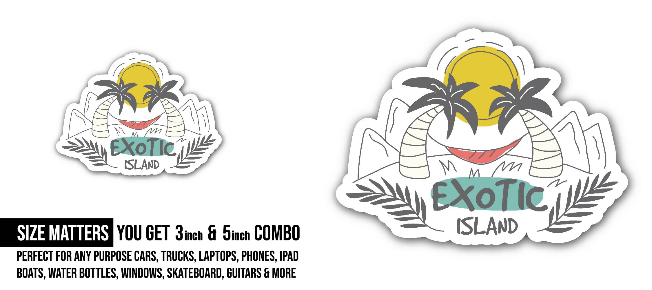 Exotic Island & Coconut Trees Sticker, Waterproof Vinyl Decal Sticker Indoor Or Outdoor 2 (Pieces) 3" and 5"