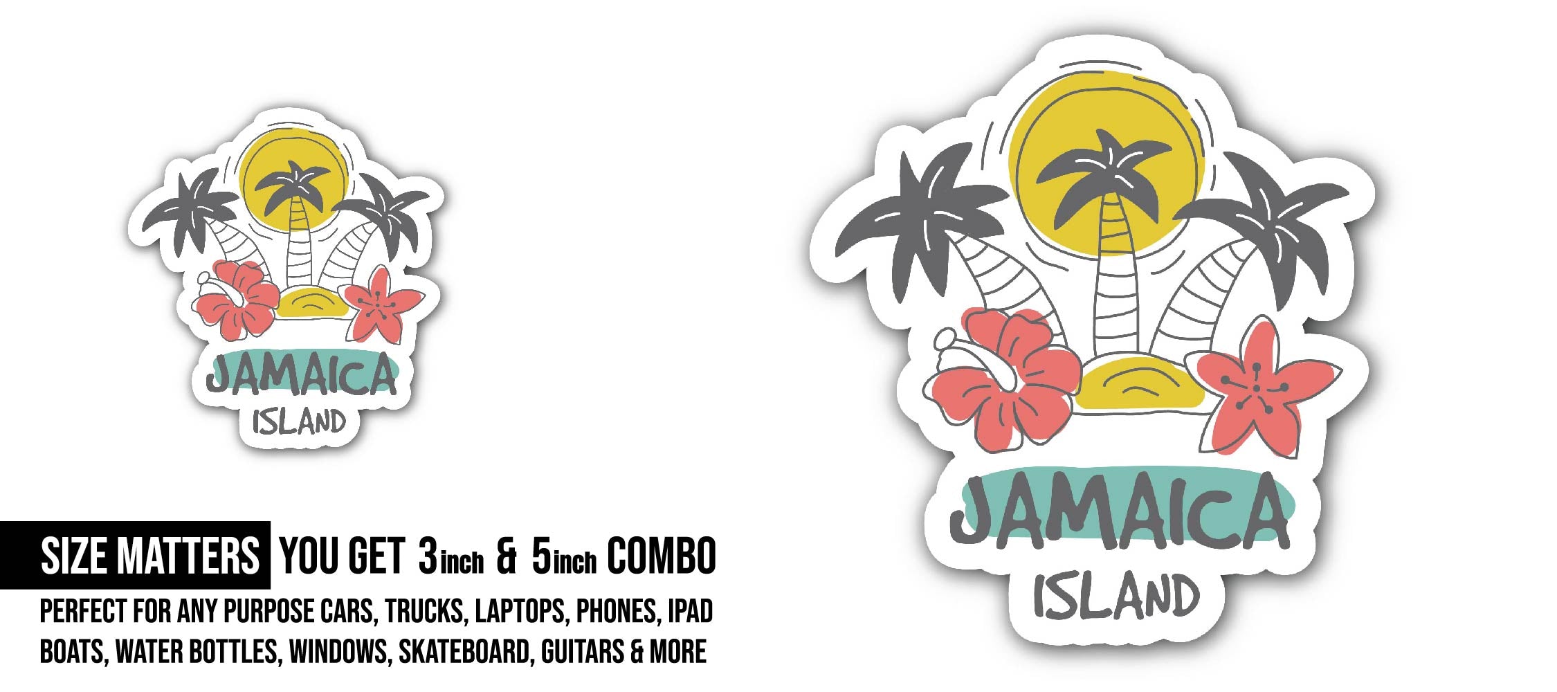 Jamaica Island Sticker, Waterproof Vinyl Decal Sticker Indoor Or Outdoor 2 (Pieces) 3" and 5"