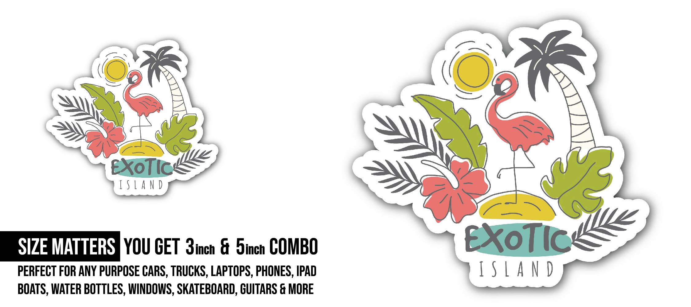 Exotic Island & Tropical Birds Sticker, Waterproof Vinyl Decal Sticker Indoor Or Outdoor 2 (Pieces) 3" and 5"