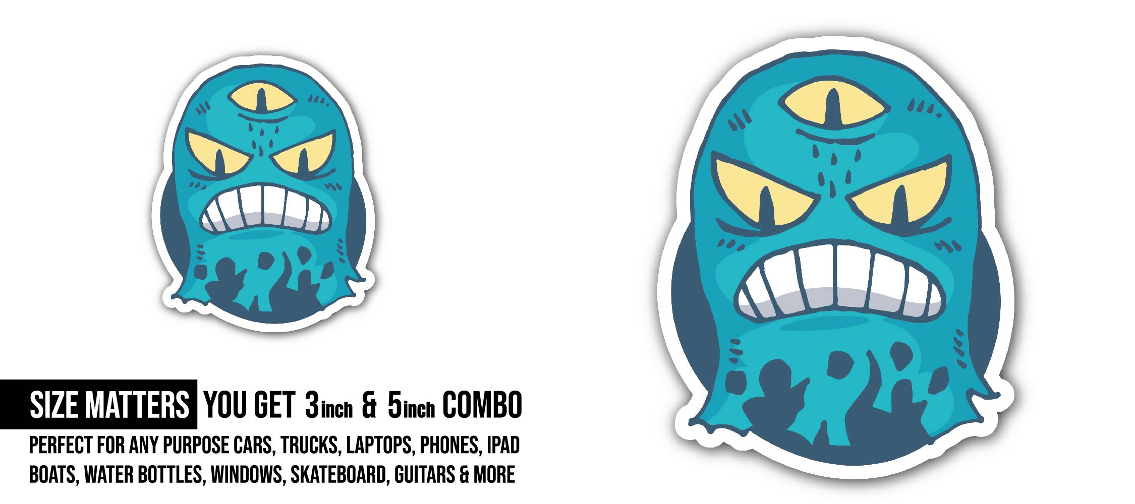 Blue Monster with Three Eyes Sticker, Waterproof Vinyl Decal Sticker Indoor Or Outdoor 2 (Pieces) 3" and 5"