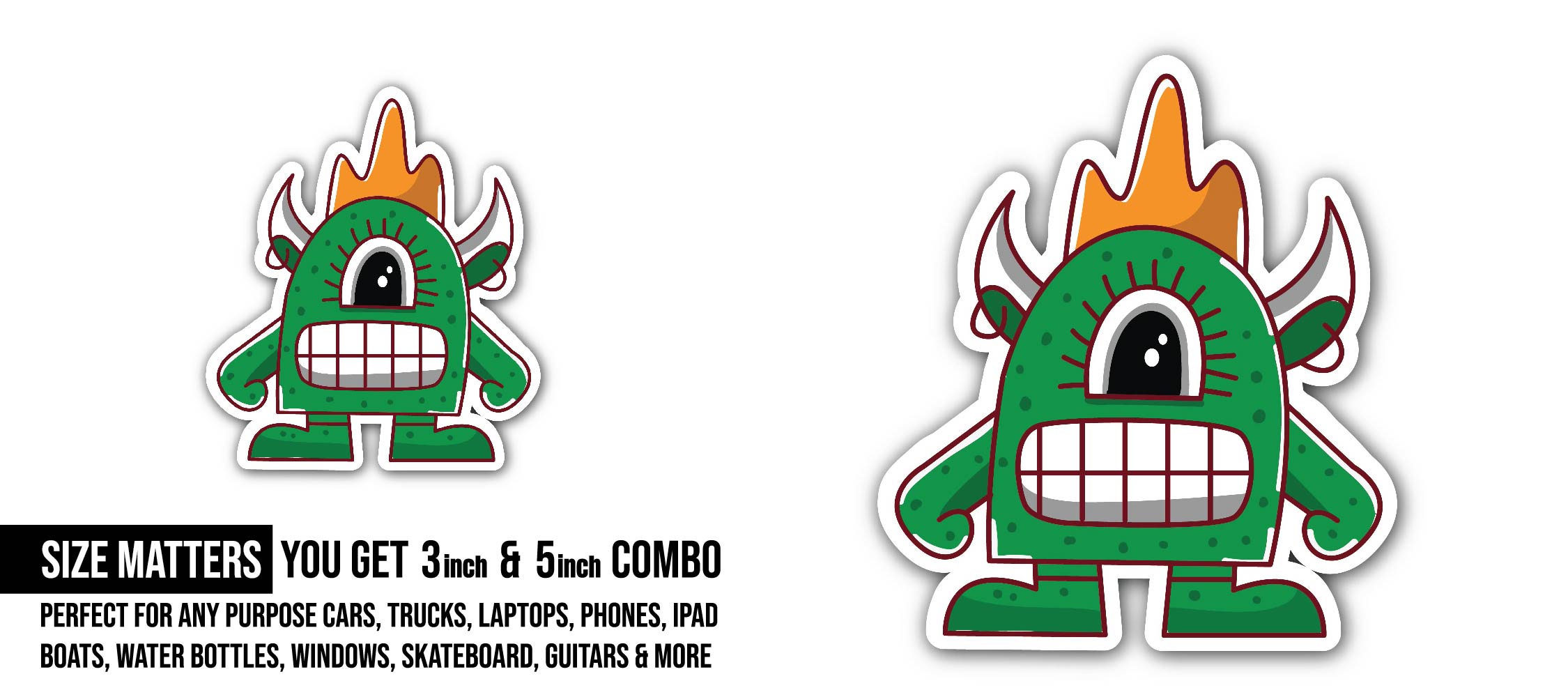 Angry Green Monster Sticker, Waterproof Vinyl Decal Sticker Indoor Or Outdoor 2 (Pieces) 3" and 5"
