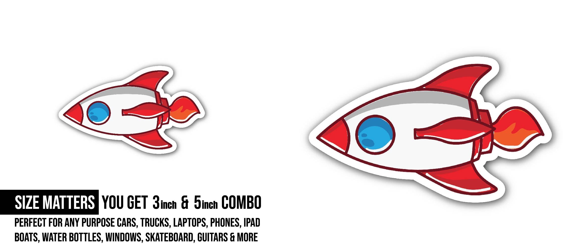 Rocket Clipart Cartoon Style Sticker, Waterproof Vinyl Decal Sticker Indoor Or Outdoor 2 (Pieces) 3" and 5"