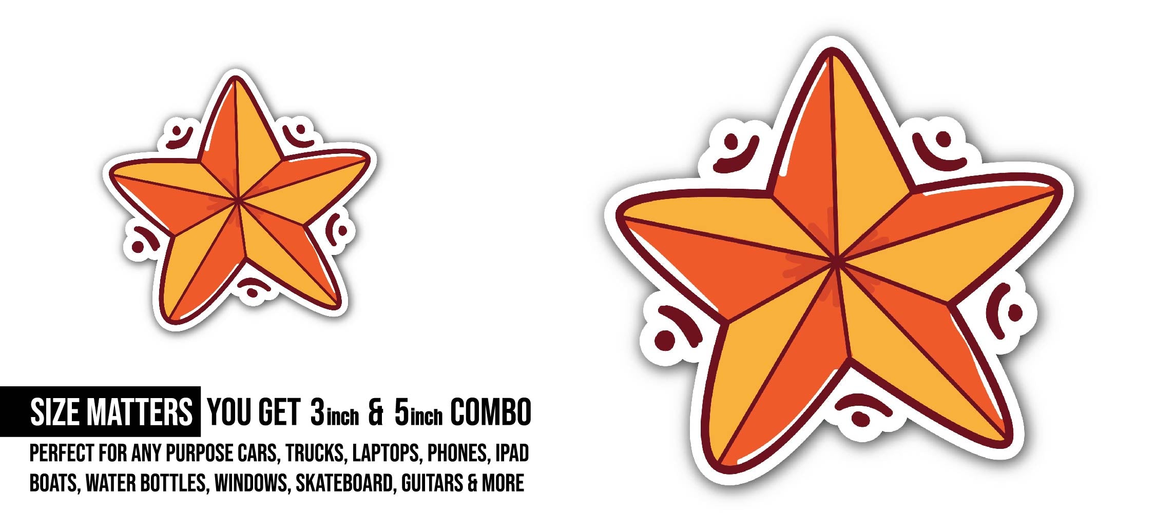 Pointed Star Sticker, Waterproof Vinyl Decal Sticker Indoor Or Outdoor 2 (Pieces) 3" and 5"