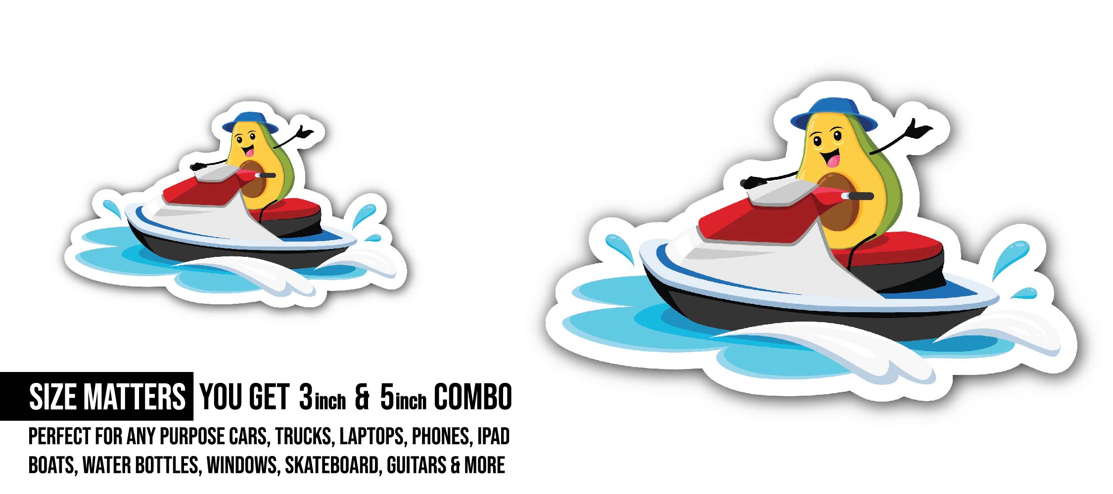 Cartoon Avocado Riding Water Bike Sticker, Waterproof Vinyl Decal Sticker Indoor Or Outdoor 2 (Pieces) 3" and 5"