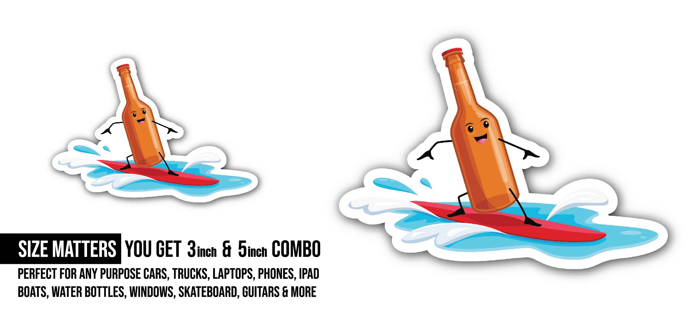 Cartoon Mezcal Bottle Surfer Character Sticker, Waterproof Vinyl Decal Sticker Indoor Or Outdoor 2 (Pieces) 3" and 5"
