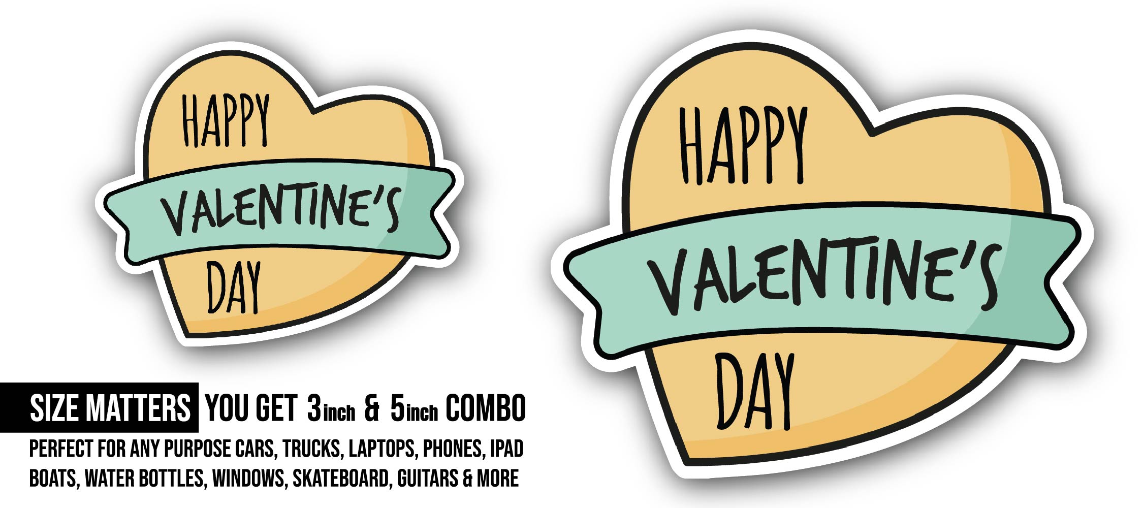Happy Valentine's Day Text and Yellow Hart Sticker, Waterproof Vinyl Decal Sticker Indoor Or Outdoor 2 (Pieces) 3" and 5"