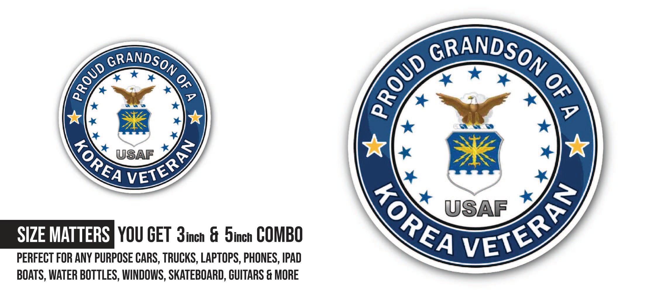 U.S. Air Force Proud Grandson of a Korea Veteran Sticker, Waterproof Vinyl Decal Sticker Indoor Or Outdoor 2 (Pieces) 3" and 5"