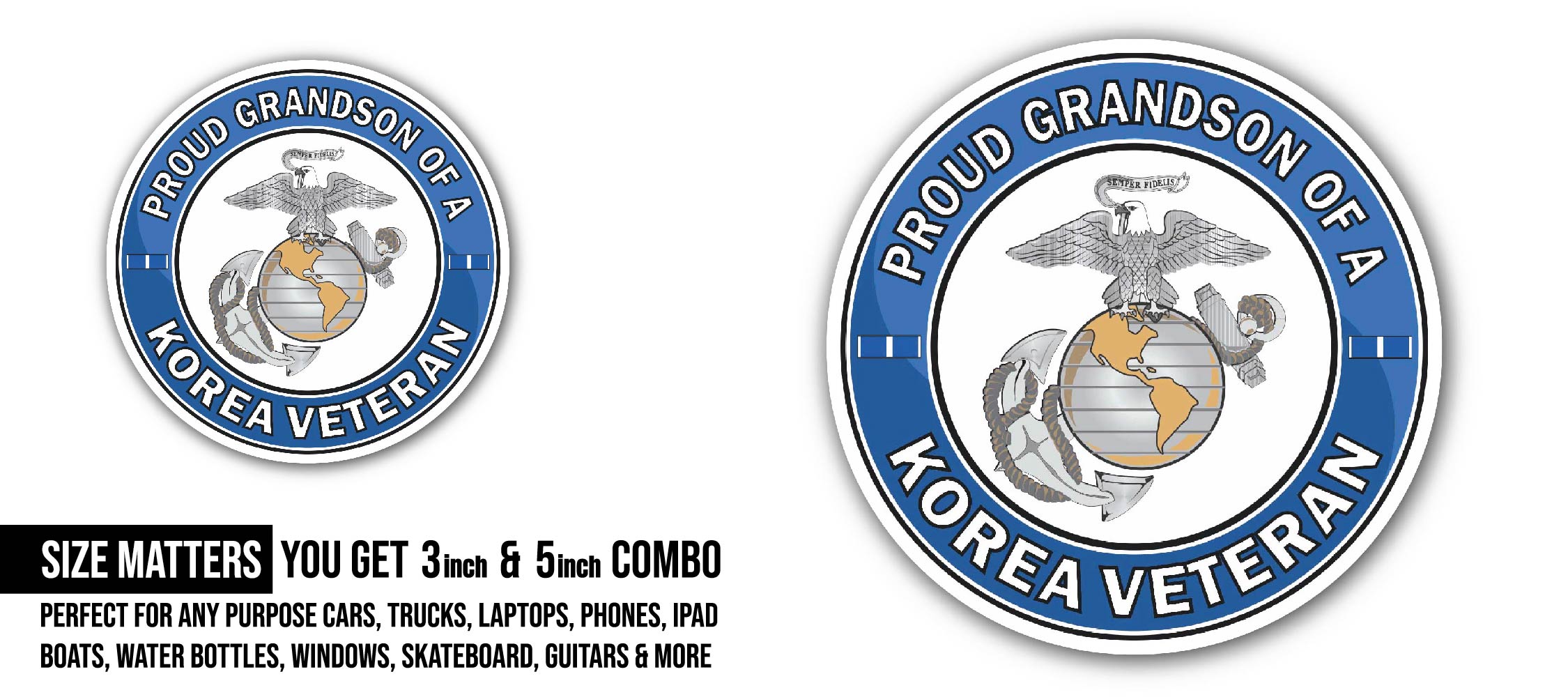U.S. Marine Corps Proud Grandson of a Korea Veteran Sticker, Waterproof Vinyl Decal Sticker Indoor Or Outdoor 2 (Pieces) 3" and 5"
