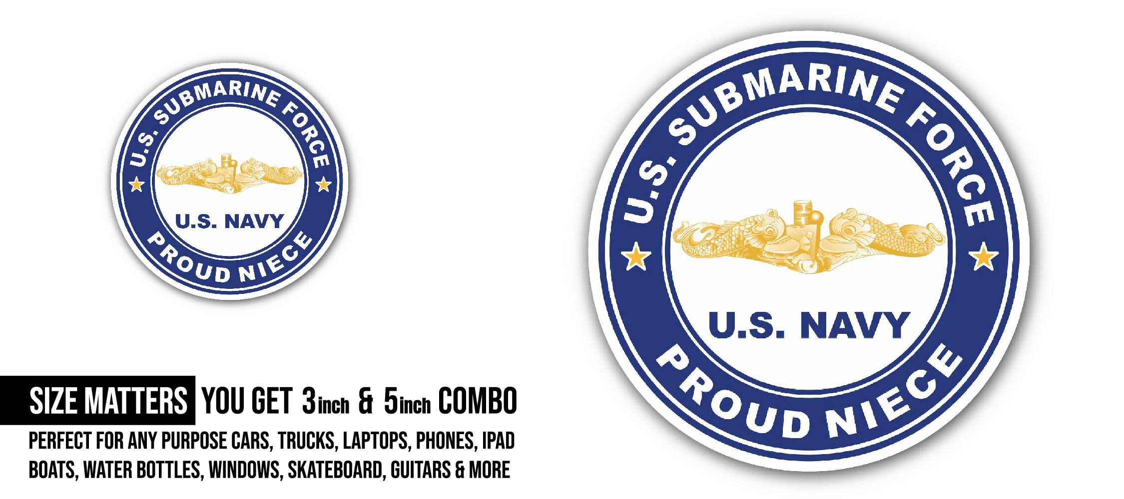 US Submarine Force Proud Nephew Gold Dolphins Sticker, Waterproof Vinyl Decal Sticker Indoor Or Outdoor 2 (Pieces) 3" and 5"