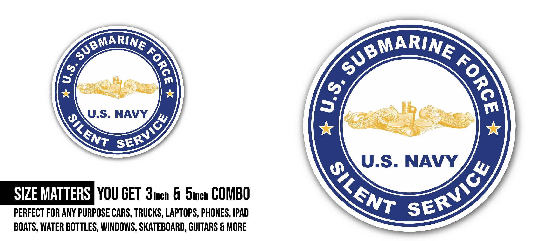 US Submarine Force Silent Service Gold Dolphins Sticker, Waterproof Vinyl Decal Sticker Indoor Or Outdoor 2 (Pieces) 3" and 5"
