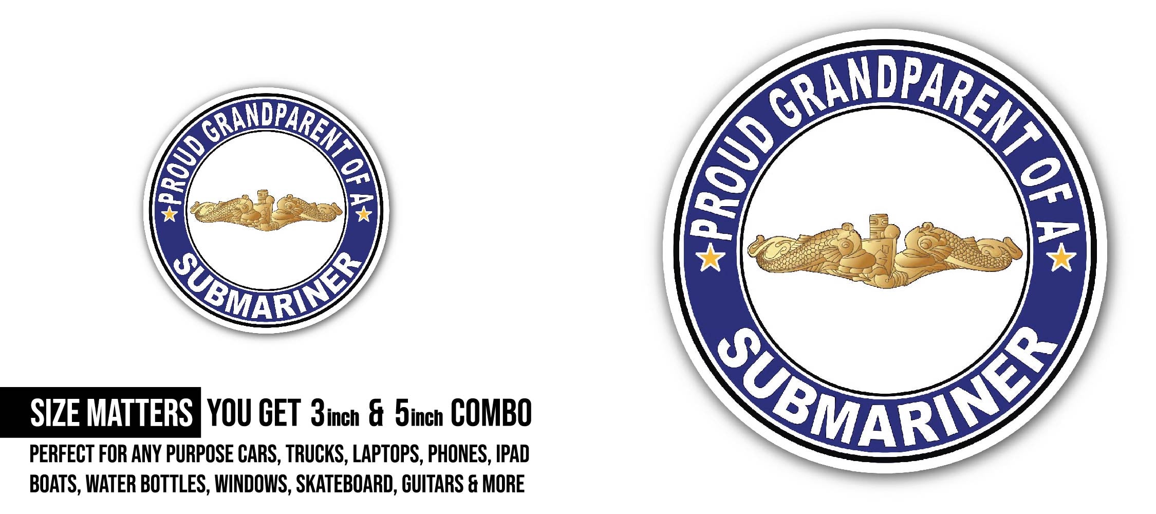 Proud Grandparent of a Submariner Gold Dolphins Sticker, Waterproof Vinyl Decal Sticker Indoor Or Outdoor 2 (Pieces) 3" and 5"