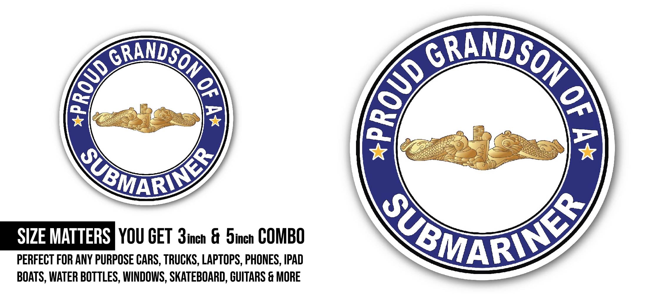 Proud Grandson of a Submariner Gold Dolphins Sticker, Waterproof Vinyl Decal Sticker Indoor Or Outdoor 2 (Pieces) 3" and 5"