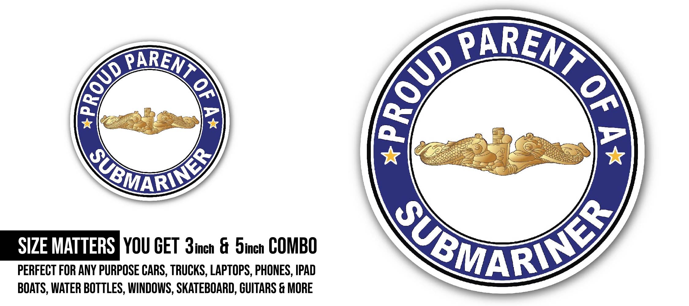 Proud Parent of a Submariner Gold Dolphins Sticker, Waterproof Vinyl Decal Sticker Indoor Or Outdoor 2 (Pieces) 3" and 5"