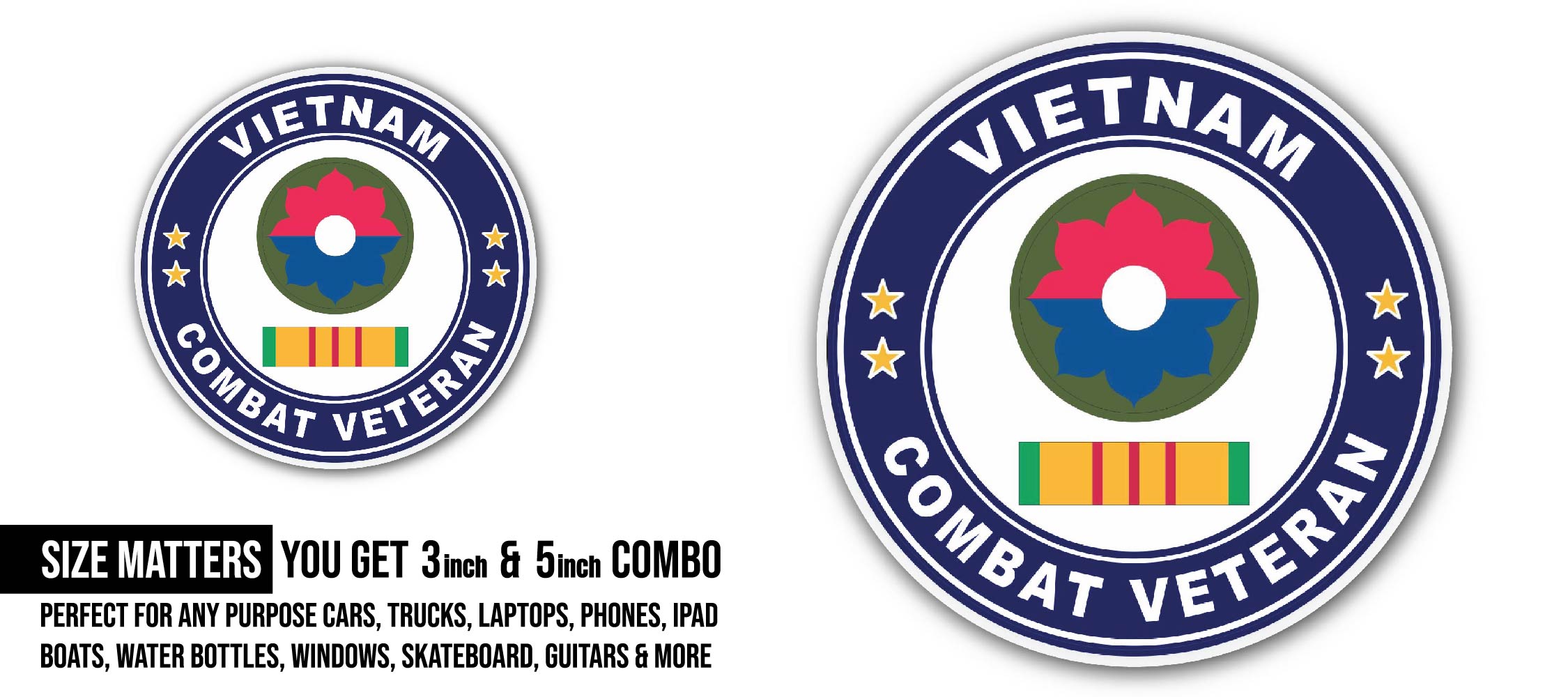 9th Infantry Division Vietnam Combat Veteran with Ribbon Sticker, Waterproof Vinyl Decal Sticker Indoor Or Outdoor 2 (Pieces) 3" and 5"
