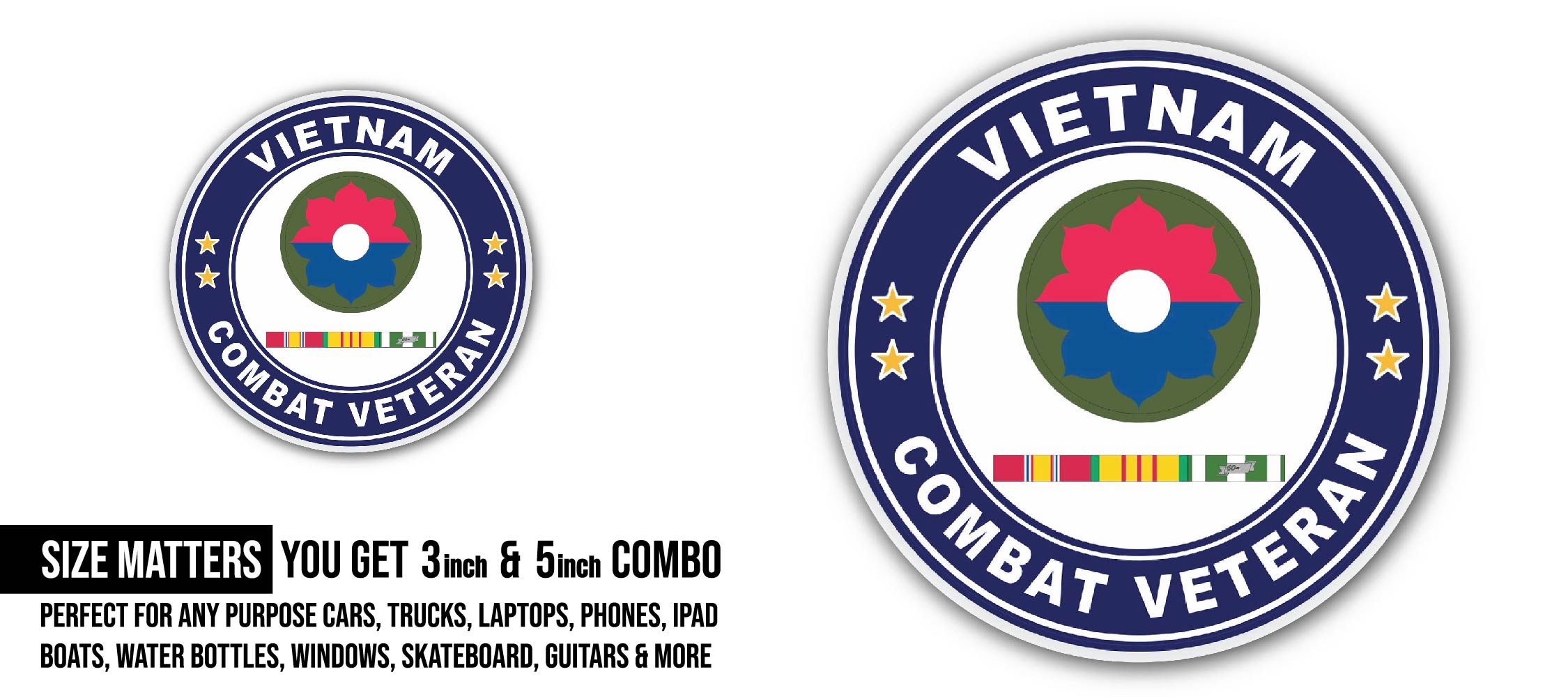 9th Infantry Division Vietnam Combat Veteran with Ribbons Sticker, Waterproof Vinyl Decal Sticker Indoor Or Outdoor 2 (Pieces) 3" and 5"
