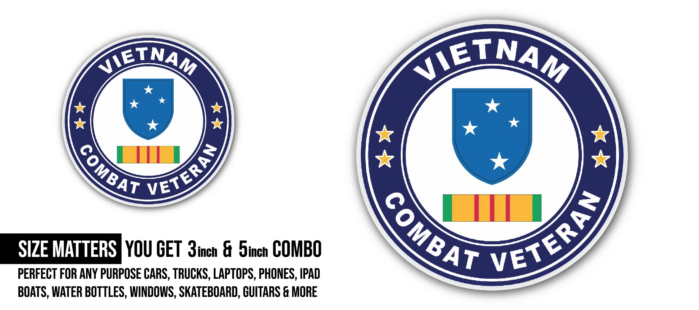 23rd Infantry ( Americal ) Division Vietnam Combat Veteran with Ribbon Sticker, Waterproof Vinyl Decal Sticker Indoor Or Outdoor 2 (Pieces) 3" and 5"