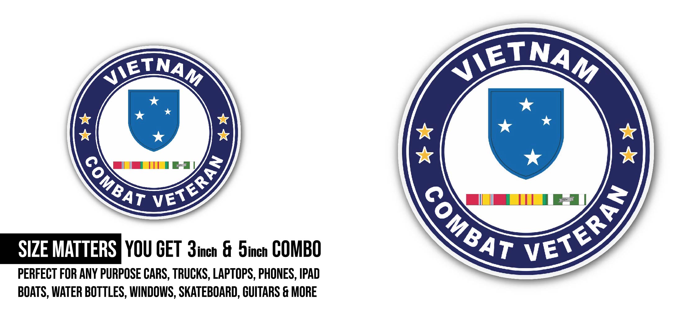23rd Infantry Division Vietnam Combat Veteran with Ribbons Sticker, Waterproof Vinyl Decal Sticker Indoor Or Outdoor 2 (Pieces) 3" and 5"