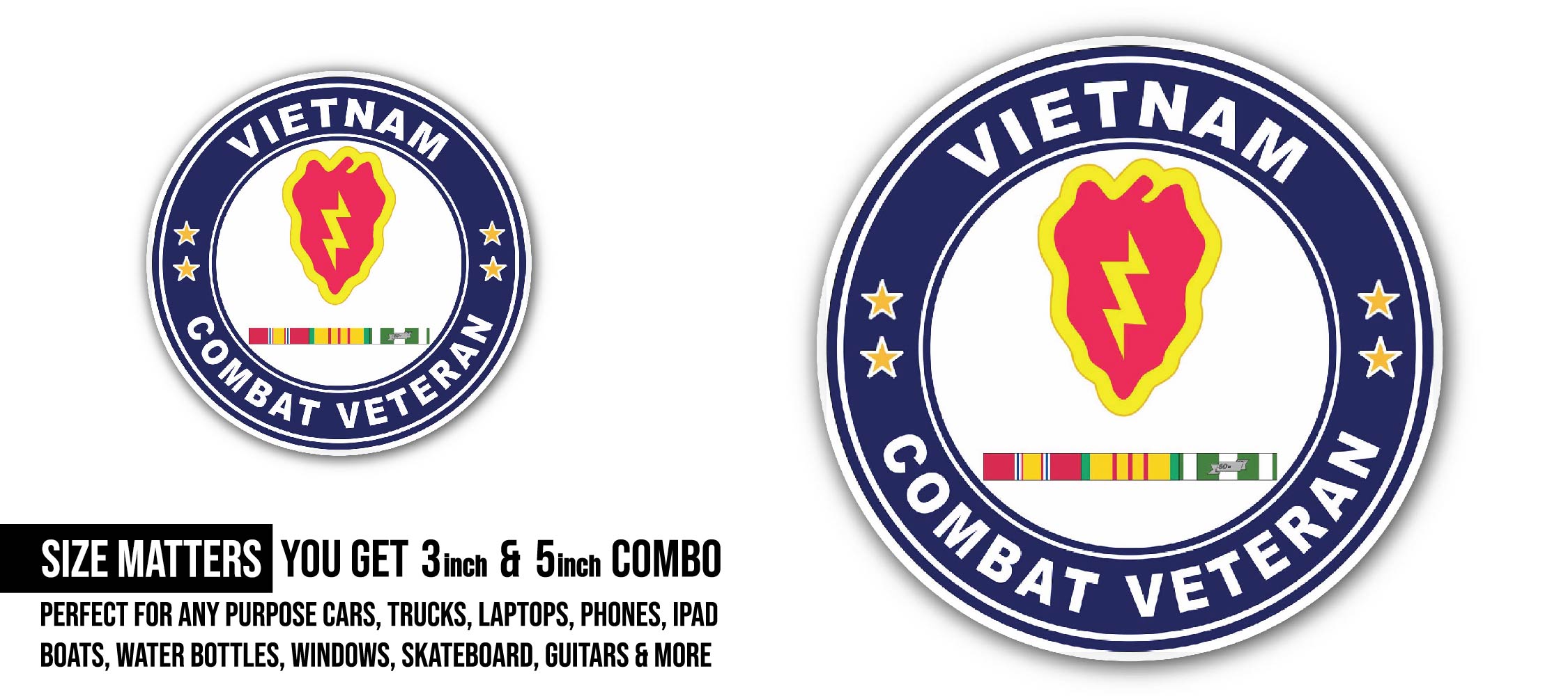 25th Infantry Division Vietnam Service Combat Veteran Sticker, Waterproof Vinyl Decal Sticker Indoor Or Outdoor 2 (Pieces) 3" and 5"