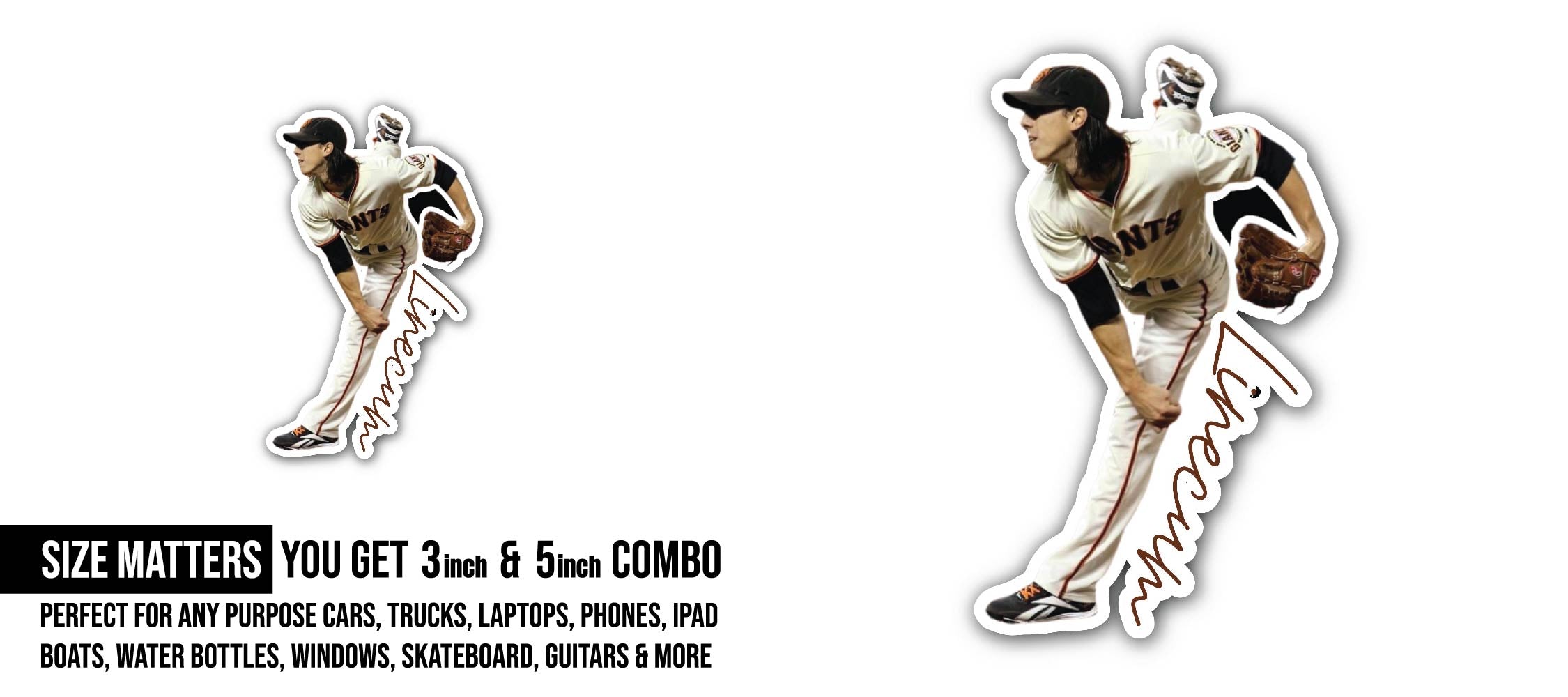 Tim Lincecum Pitching Sticker, Waterproof Vinyl Decal Sticker Indoor Or Outdoor 2 (Pieces) 3" and 5"