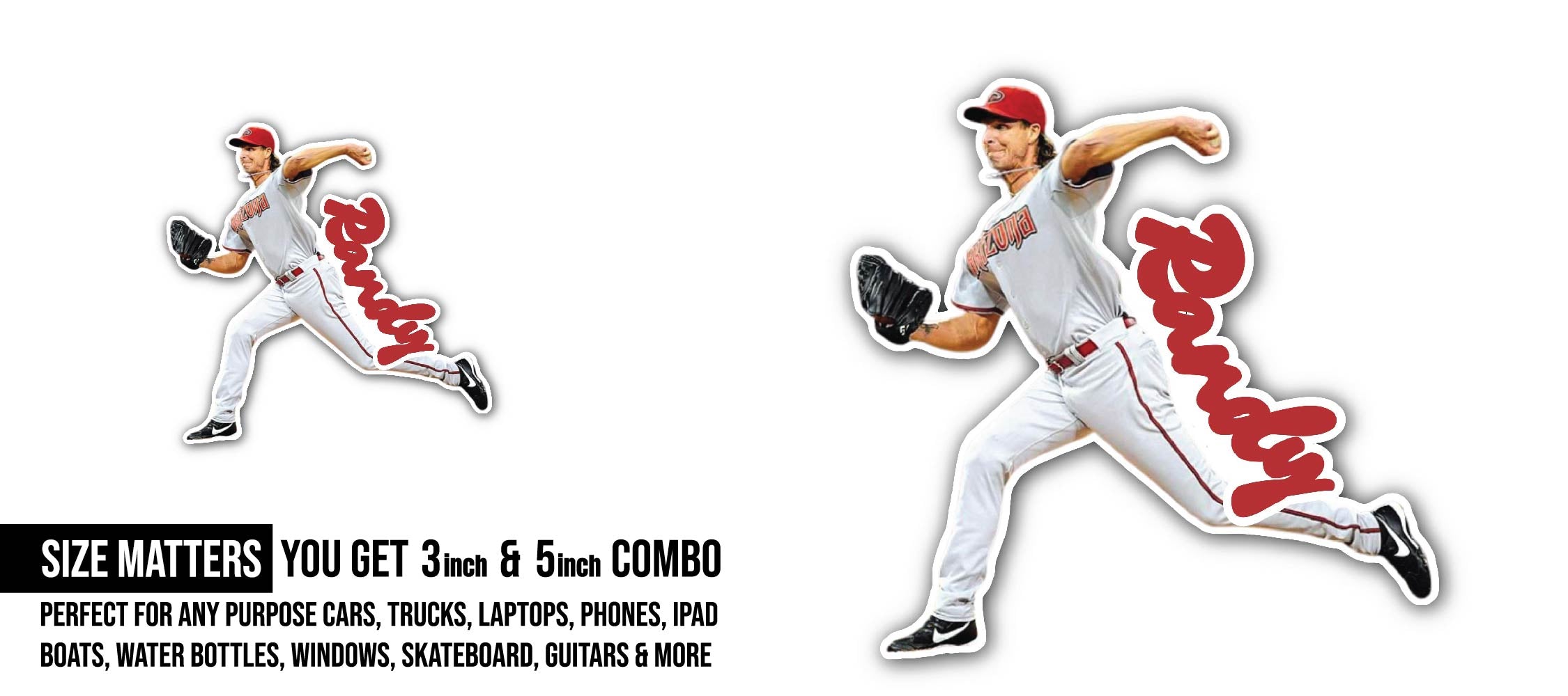 Baseball Pitcher Randy Sticker, Waterproof Vinyl Decal Sticker Indoor Or Outdoor 2 (Pieces) 3" and 5"