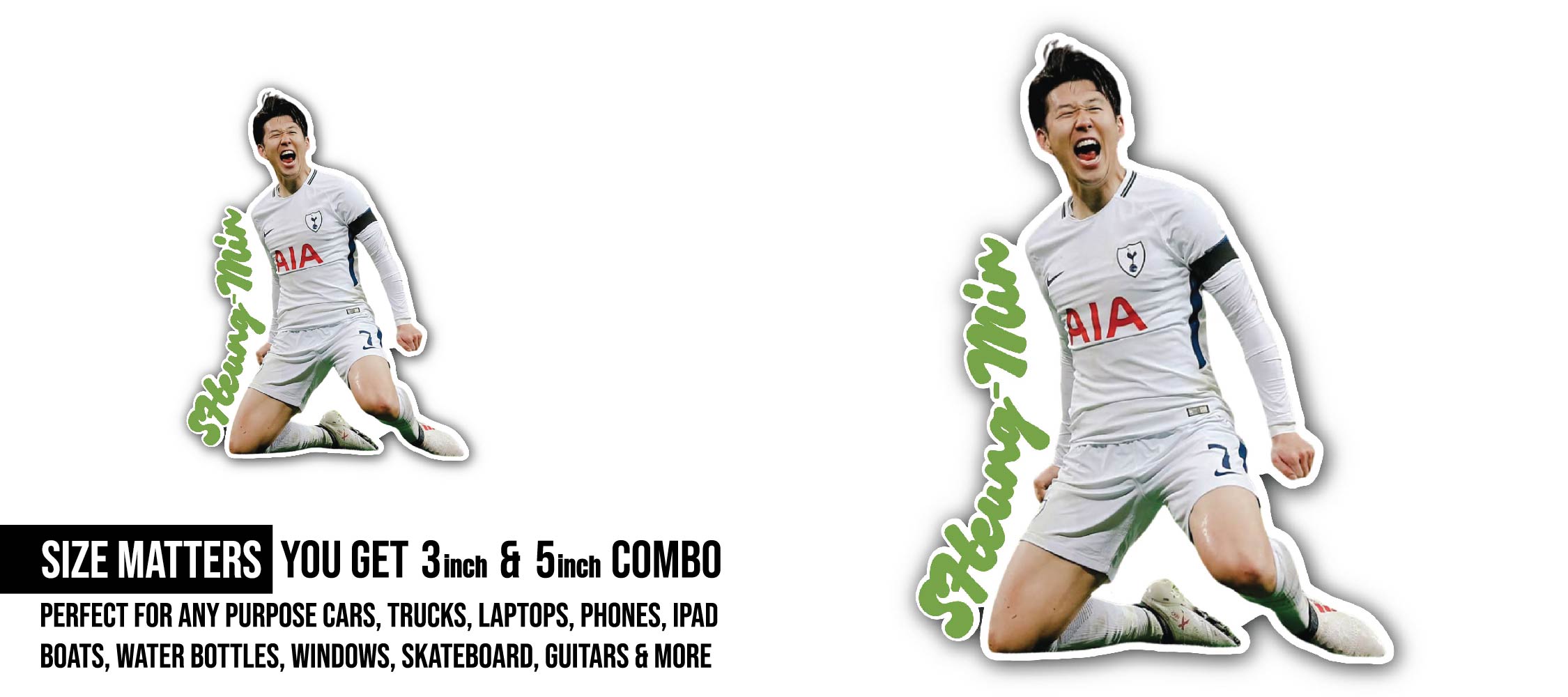 Son Heung Min Sticker, Waterproof Vinyl Decal Sticker Indoor Or Outdoor 2 (Pieces) 3" and 5"