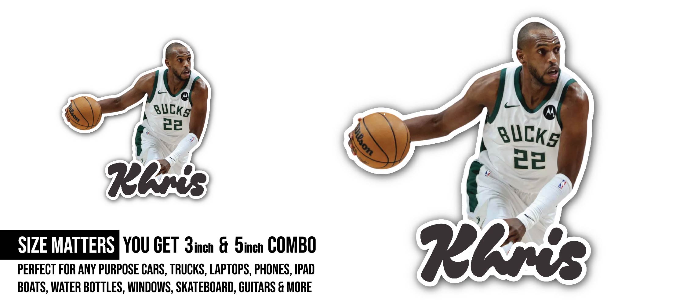 Khris Middleton Sticker, Waterproof Vinyl Decal Sticker Indoor Or Outdoor 2 (Pieces) 3" and 5"