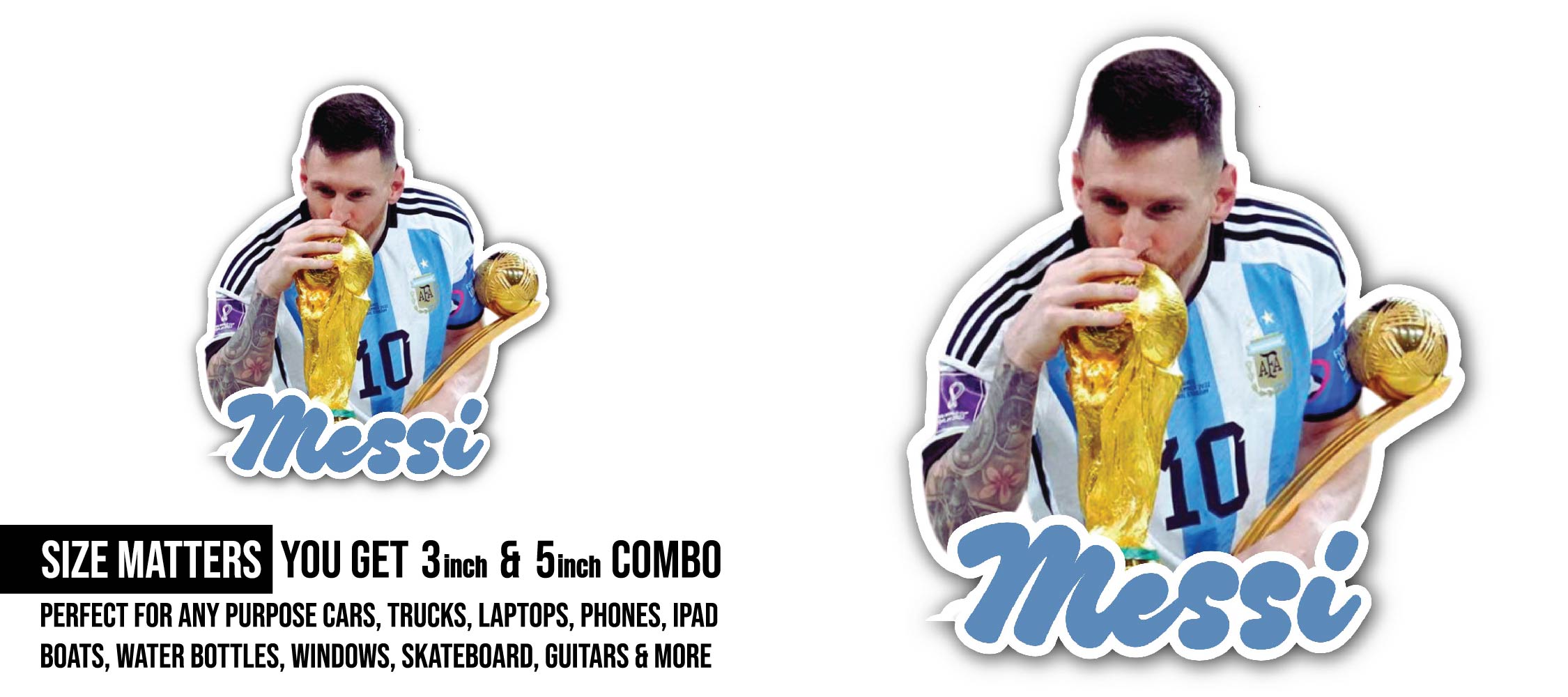 Lionel Messi Sticker, Waterproof Vinyl Decal Sticker Indoor Or Outdoor 2 (Pieces) 3" and 5"