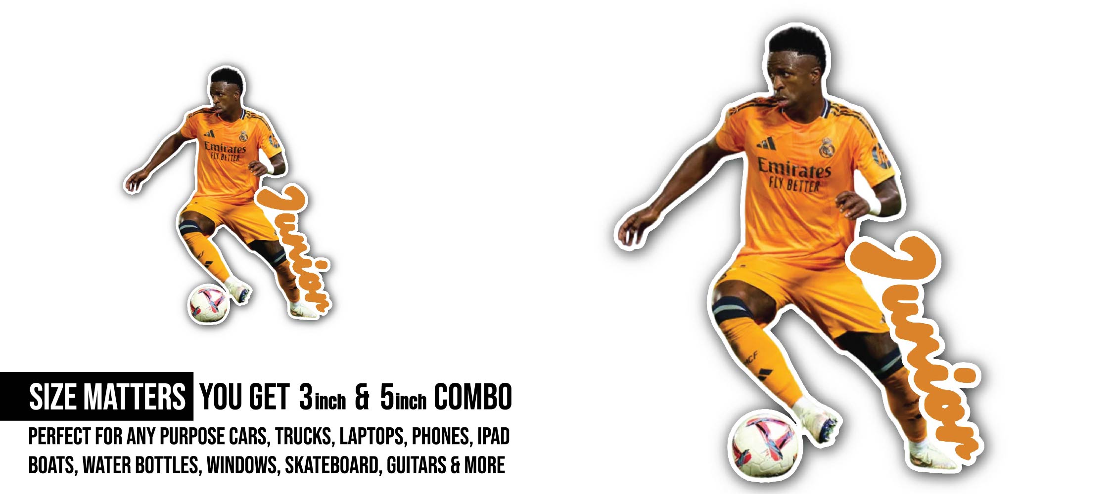 Vinicius Junior Sticker, Waterproof Vinyl Decal Sticker Indoor Or Outdoor 2 (Pieces) 3" and 5"