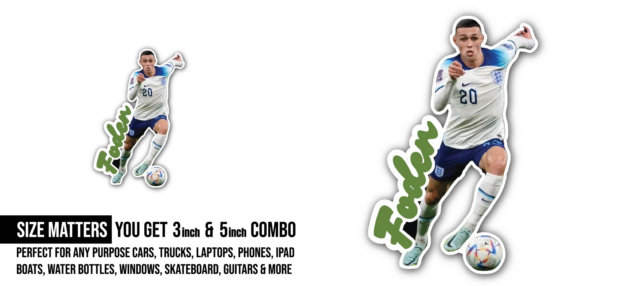 Phil Foden Sticker, Waterproof Vinyl Decal Sticker Indoor Or Outdoor 2 (Pieces) 3" and 5"