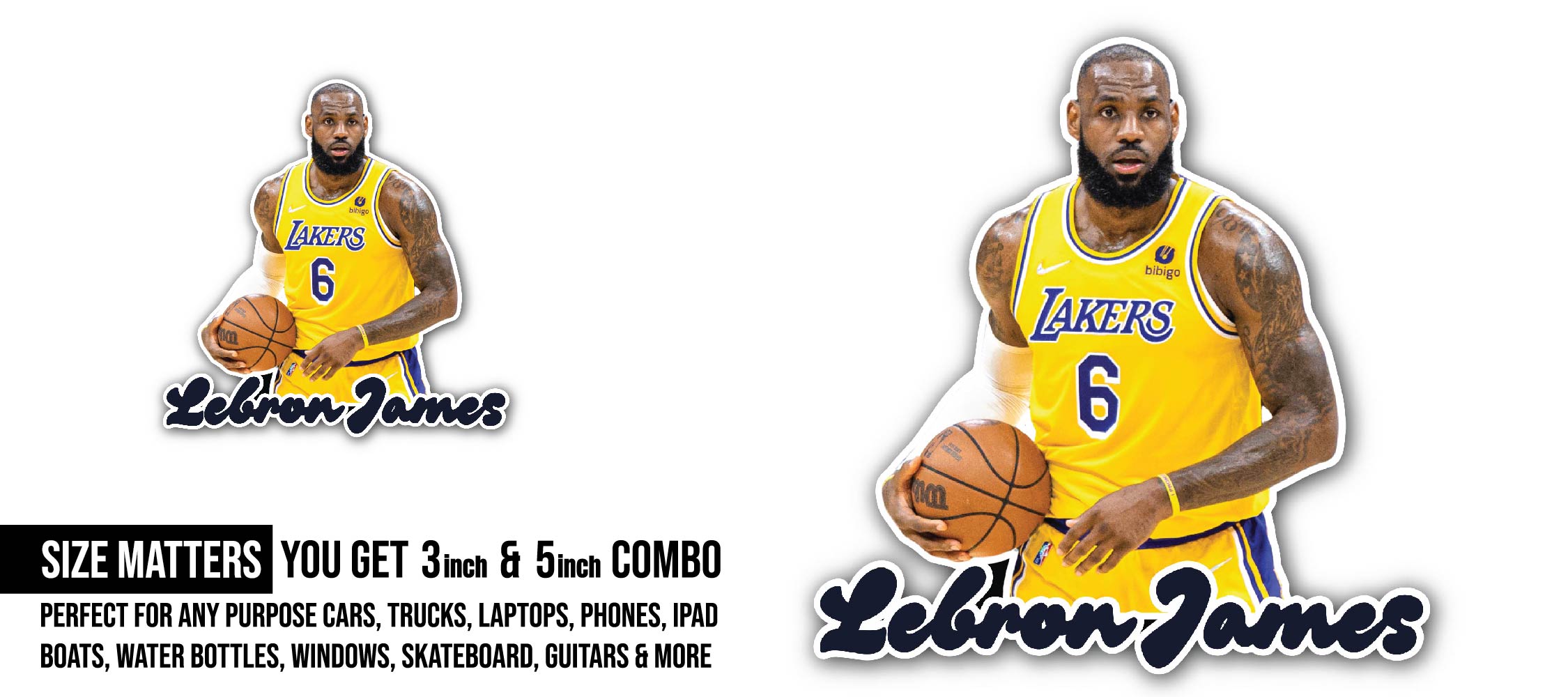 LeBron James Sticker, Waterproof Vinyl Decal Sticker Indoor Or Outdoor 2 (Pieces) 3" and 5"