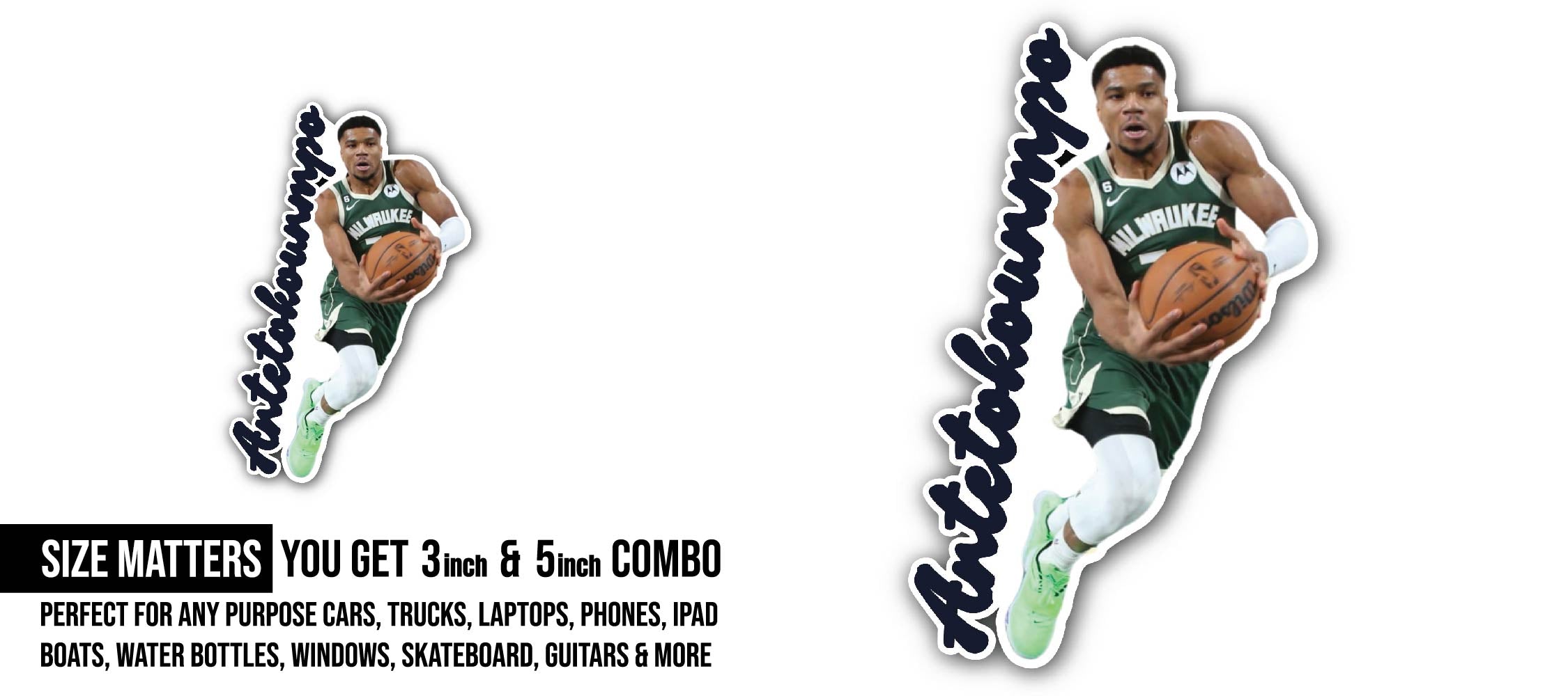 Antetokounmpo Sticker, Waterproof Vinyl Decal Sticker Indoor Or Outdoor 2 (Pieces) 3" and 5"