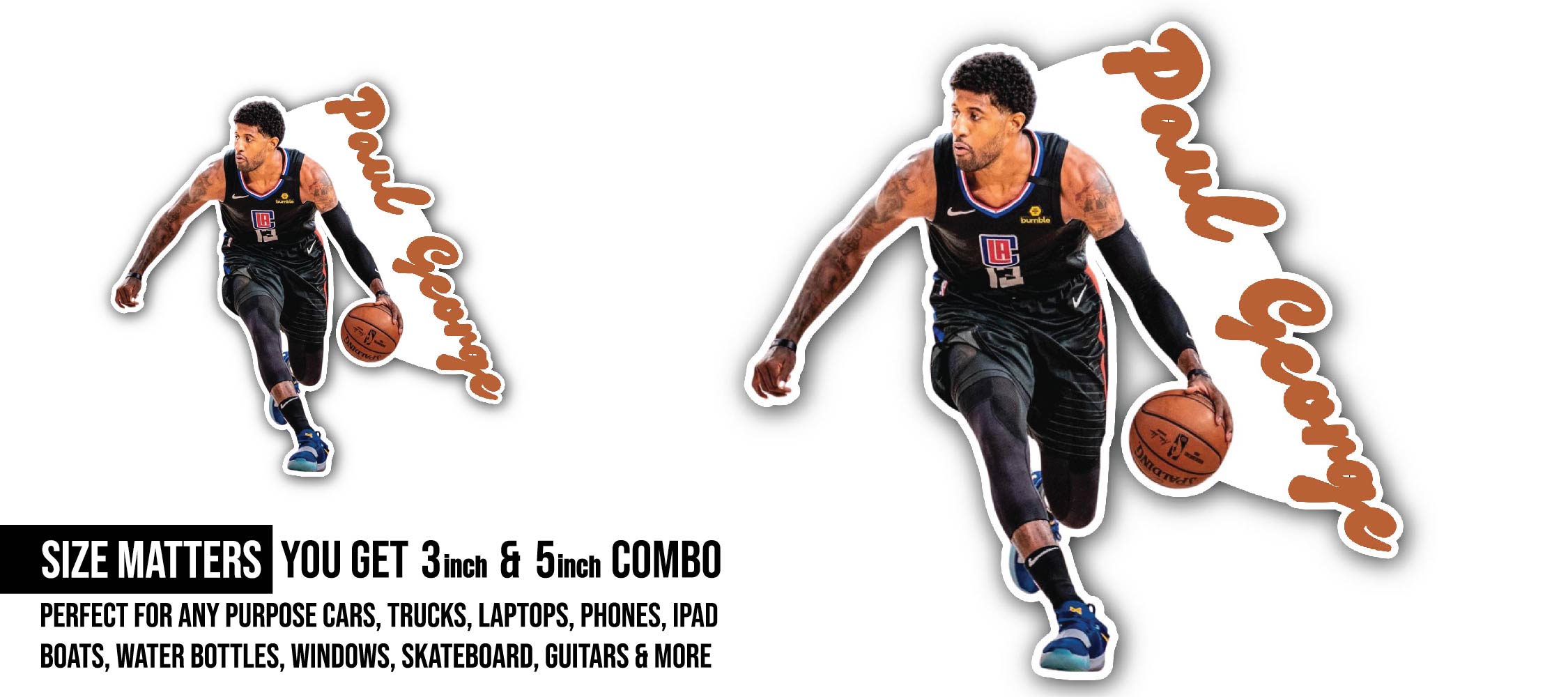 Paul George Sticker, Waterproof Vinyl Decal Sticker Indoor Or Outdoor 2 (Pieces) 3" and 5"