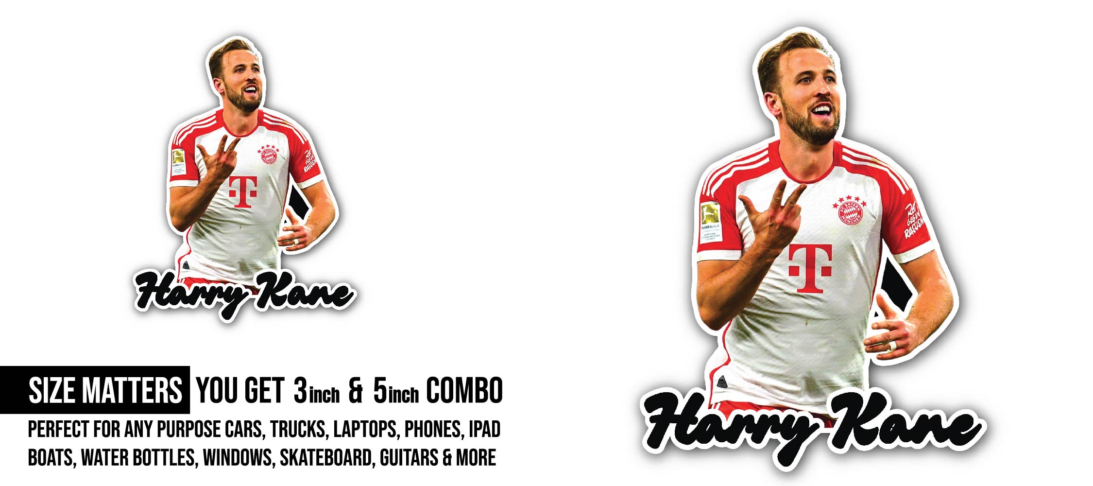 Harry Kane Sticker, Waterproof Vinyl Decal Sticker Indoor Or Outdoor 2 (Pieces) 3" and 5"