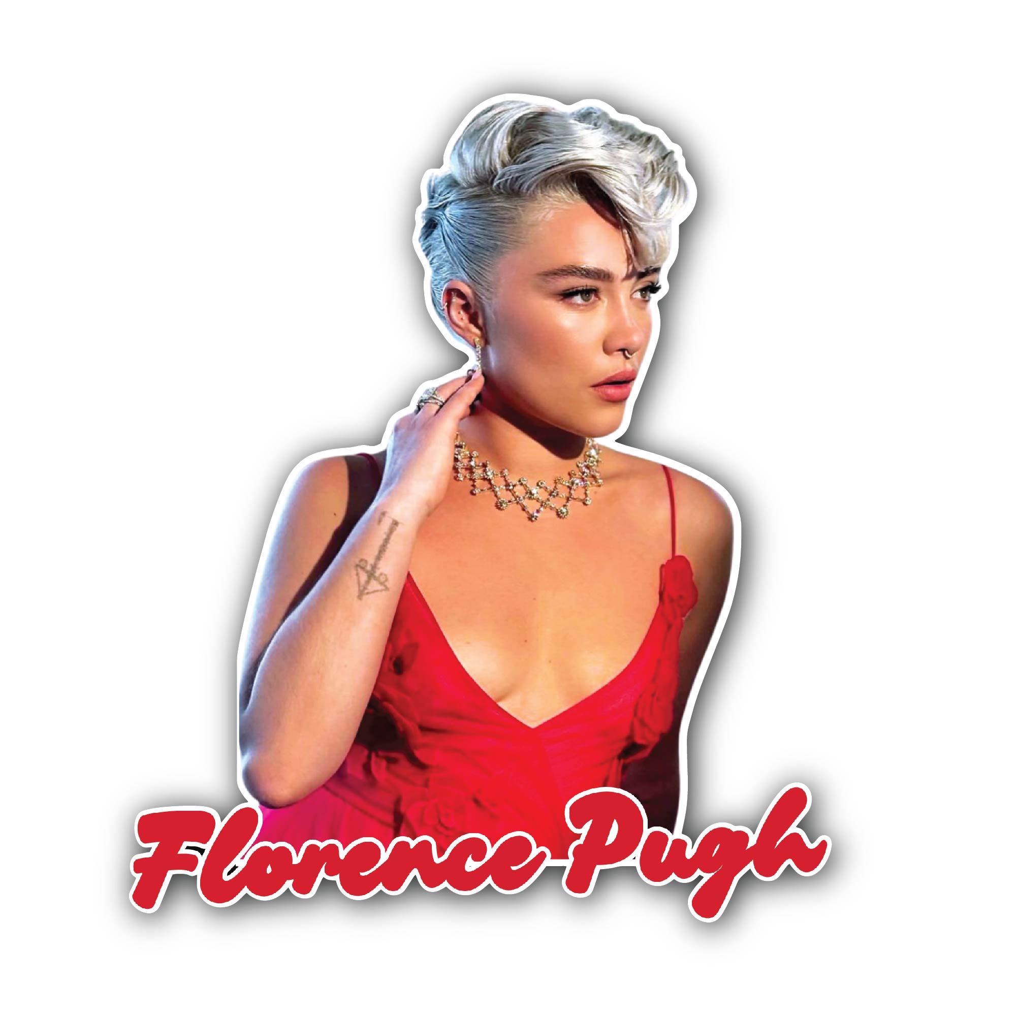 Florence Pugh Red Dress Sticker, Waterproof Vinyl Decal Sticker Indoor Or Outdoor 2 (Pieces) 3" and 5"