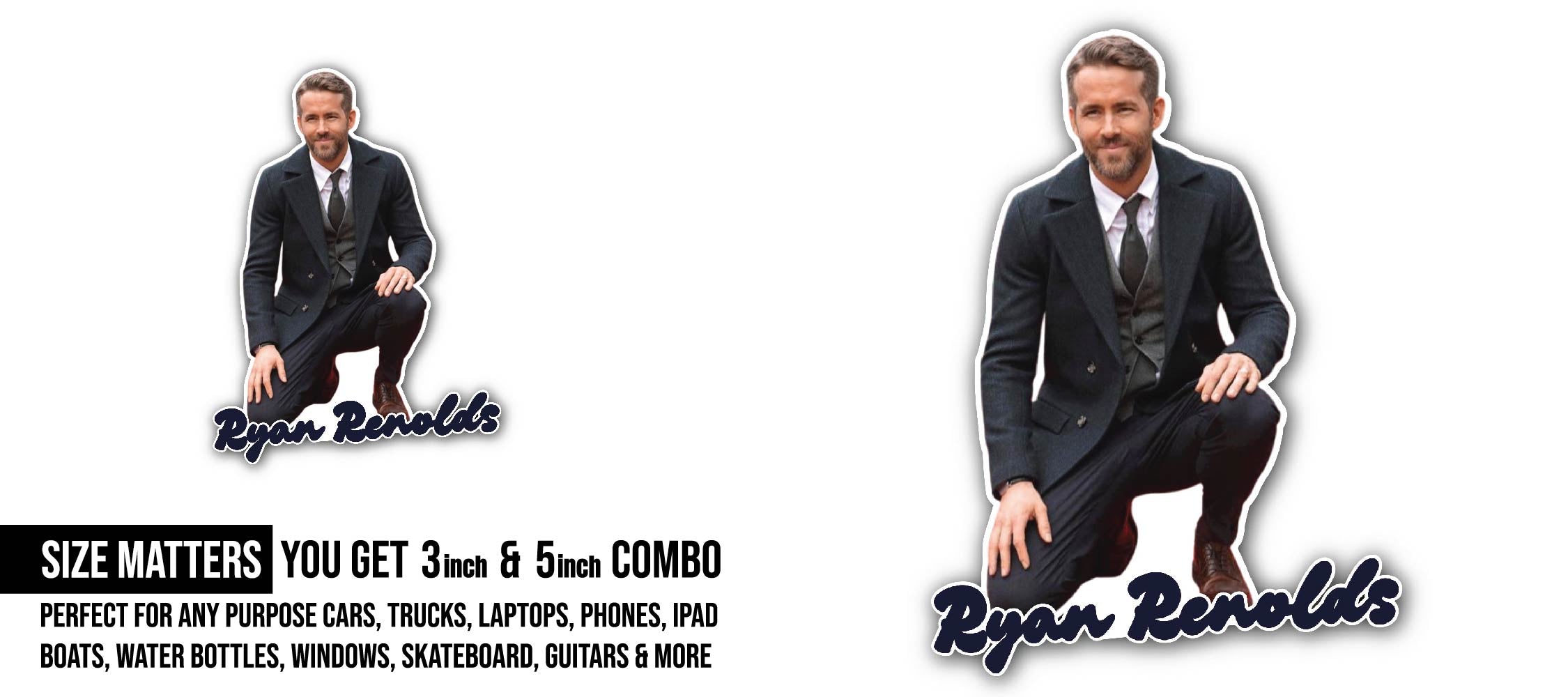 Ryan Reynolds Portrait Sticker, Waterproof Vinyl Decal Sticker Indoor Or Outdoor 2 (Pieces) 3" and 5"