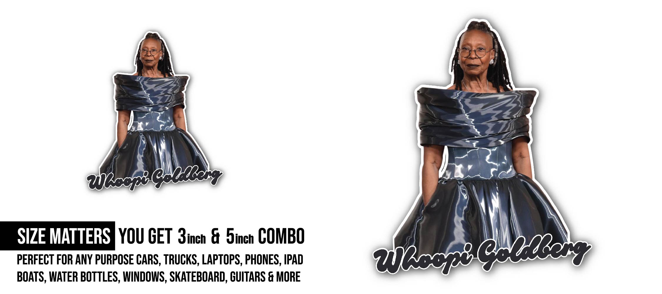 Whoopi Goldberg Sticker, Waterproof Vinyl Decal Sticker Indoor Or Outdoor 2 (Pieces) 3" and 5"
