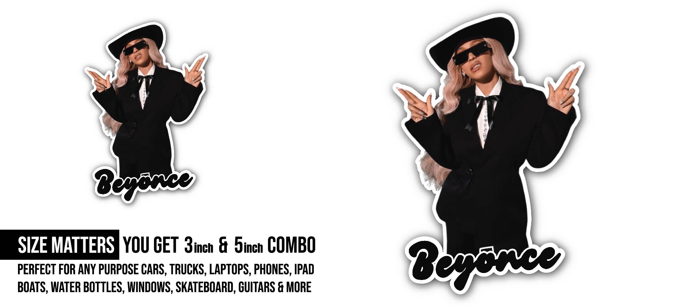 Beyoncé Sticker, Waterproof Vinyl Decal Sticker Indoor Or Outdoor 2 (Pieces) 3" and 5"