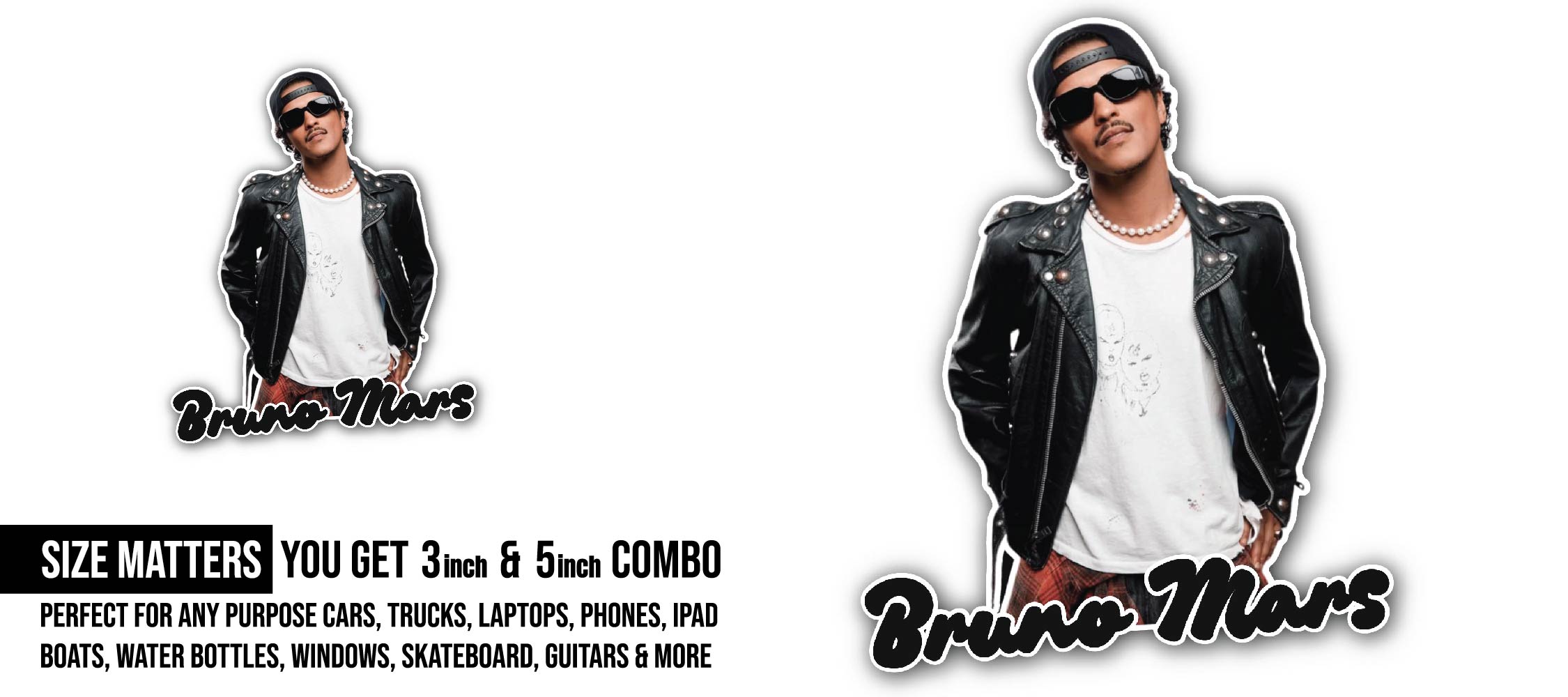 Bruno Mars Sticker, Waterproof Vinyl Decal Sticker Indoor Or Outdoor 2 (Pieces) 3" and 5"