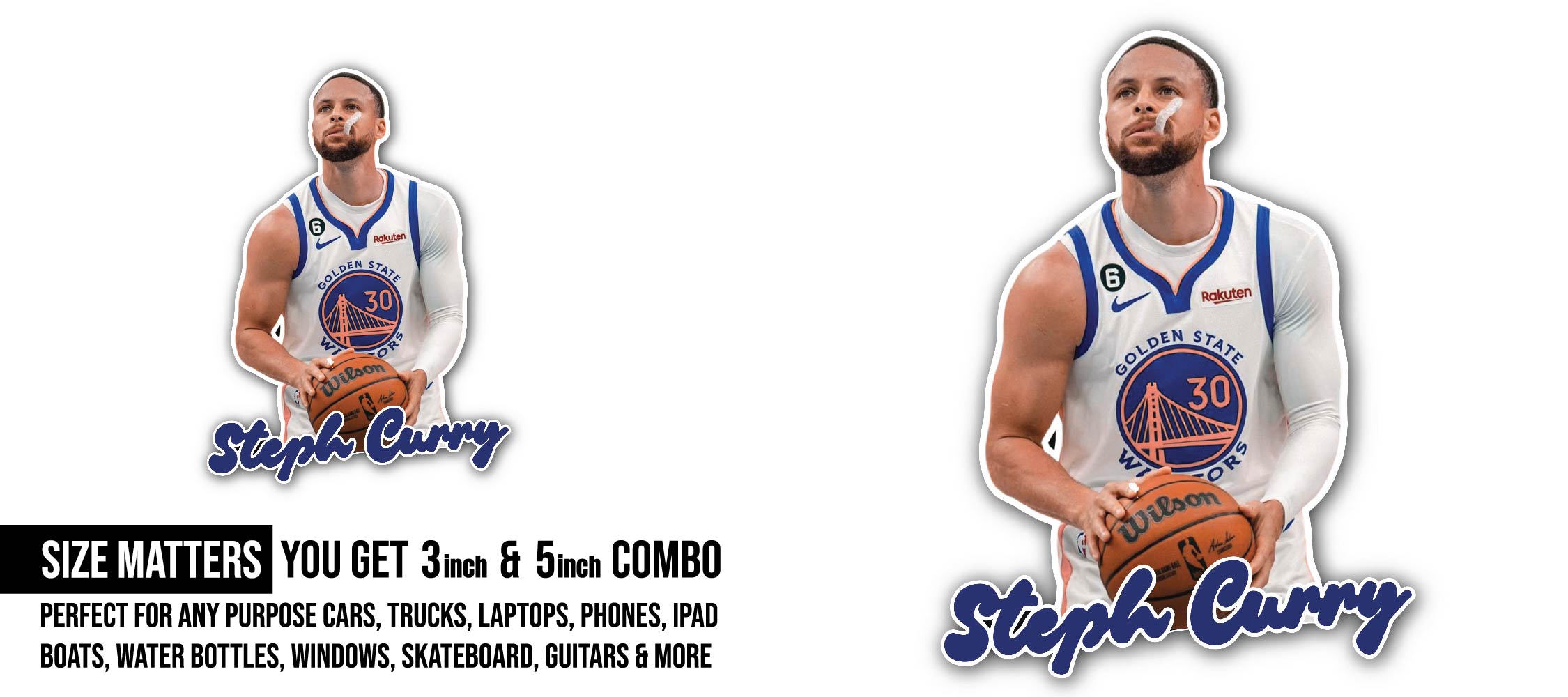 Steph Curry Sticker, Waterproof Vinyl Decal Sticker Indoor Or Outdoor 2 (Pieces) 3" and 5"