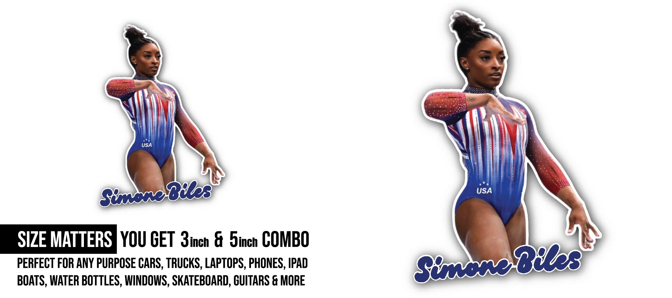 Simone Biles Sticker, Waterproof Vinyl Decal Sticker Indoor Or Outdoor 2 (Pieces) 3" and 5"