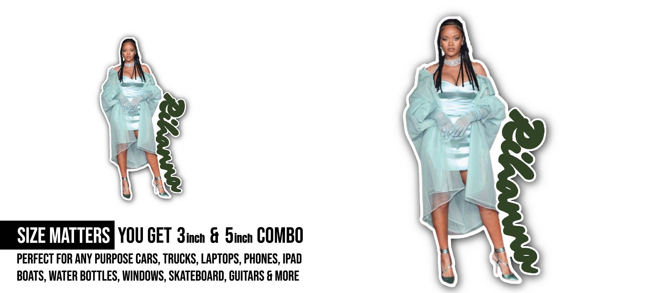 Rihanna Portrait Sticker, Waterproof Vinyl Decal Sticker Indoor Or Outdoor 2 (Pieces) 3" and 5"