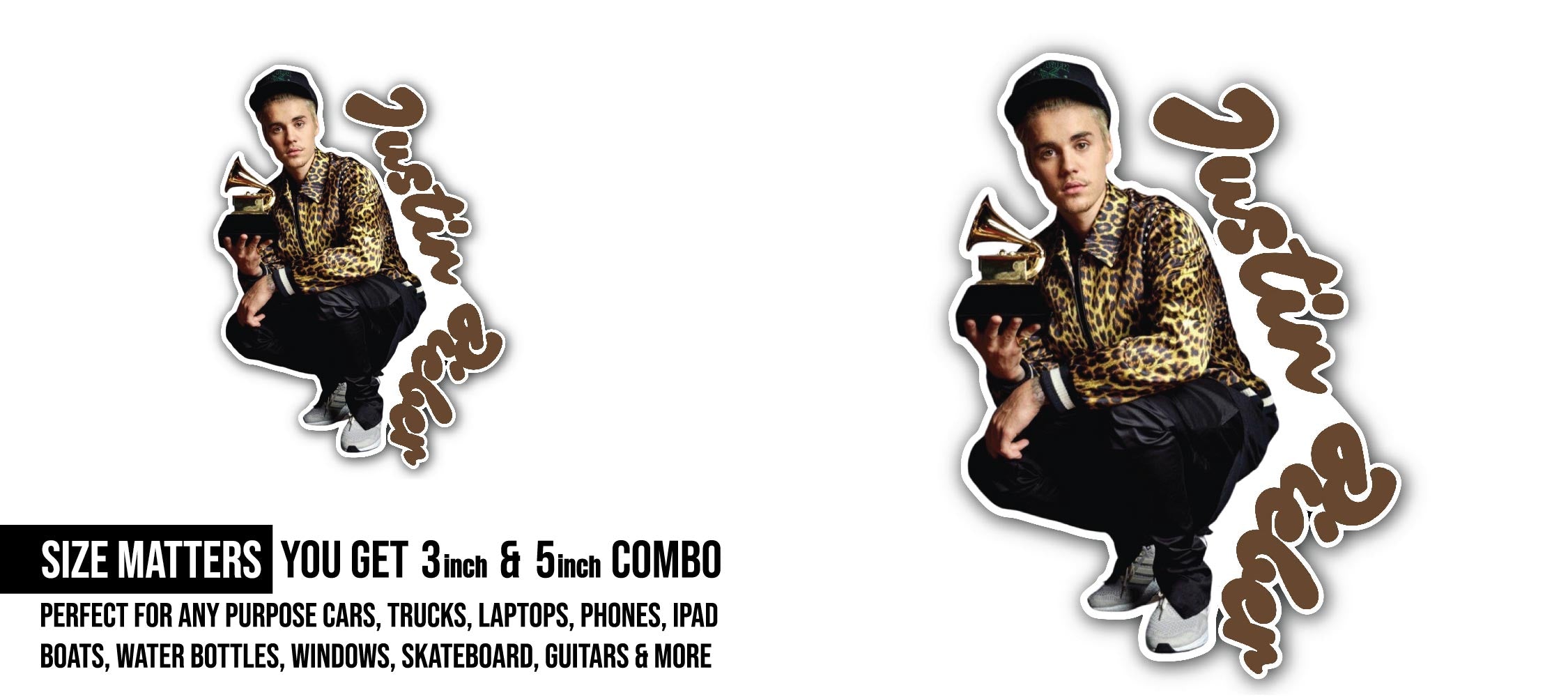 Justin Bieber Sticker, Waterproof Vinyl Decal Sticker Indoor Or Outdoor 2 (Pieces) 3" and 5"