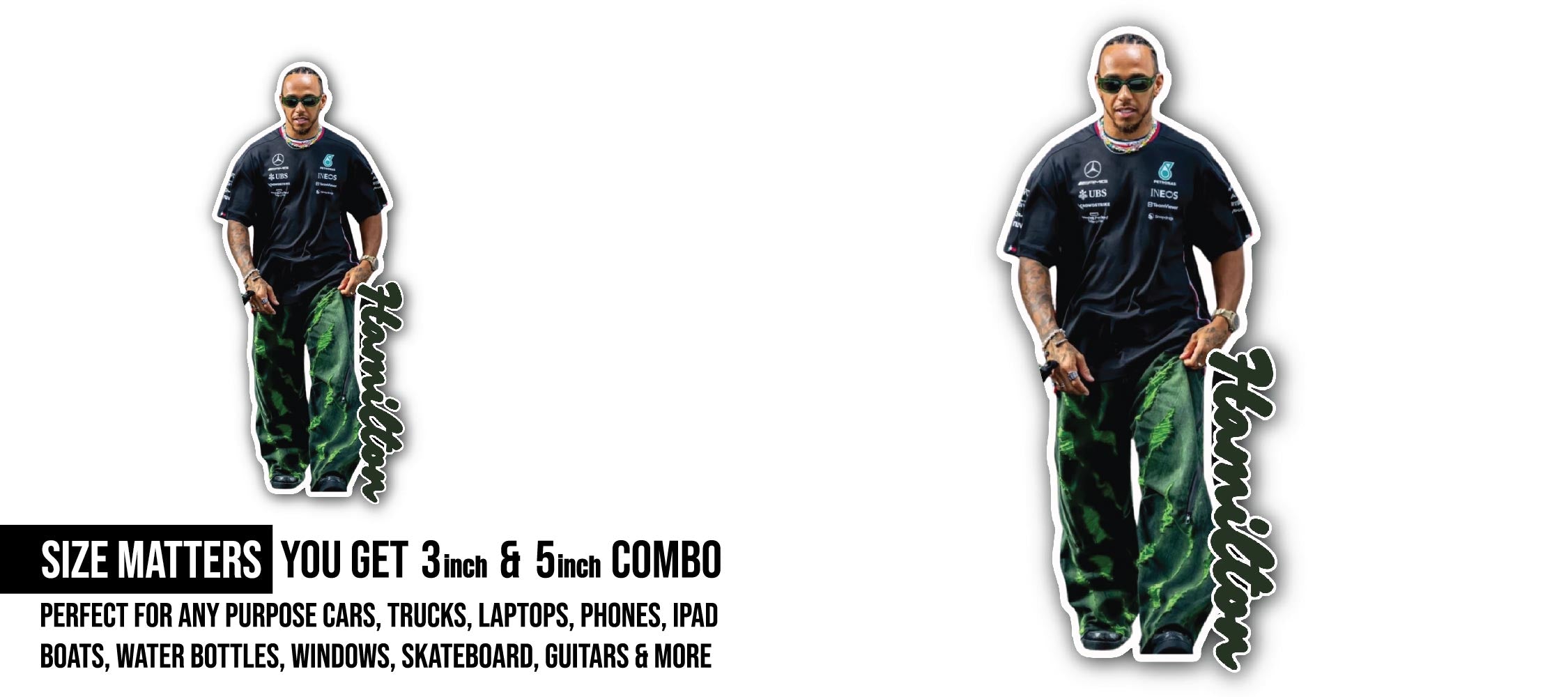 Lewis Hamilton Sticker, Waterproof Vinyl Decal Sticker Indoor Or Outdoor 2 (Pieces) 3" and 5"