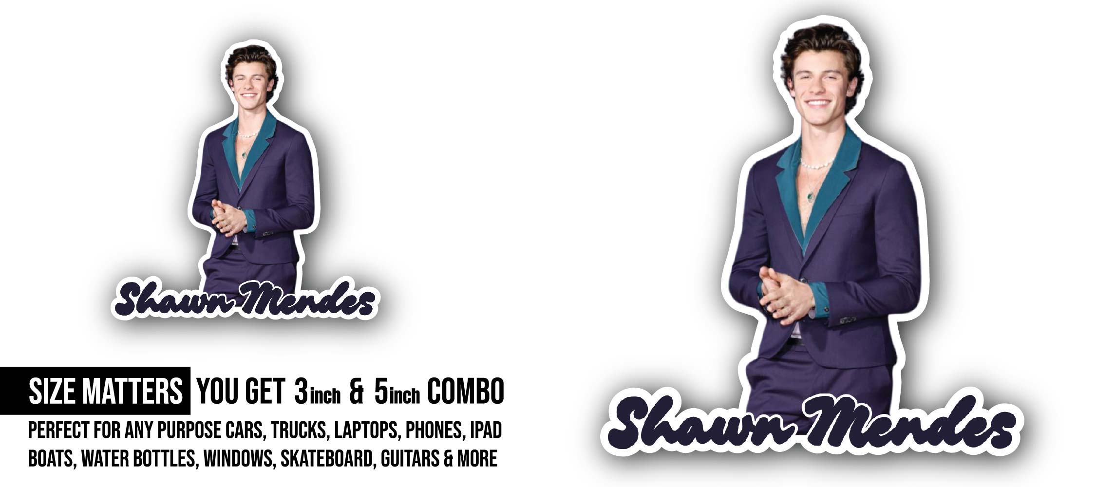 Shawn Mendes Sticker, Waterproof Vinyl Decal Sticker Indoor Or Outdoor 2 (Pieces) 3" and 5"