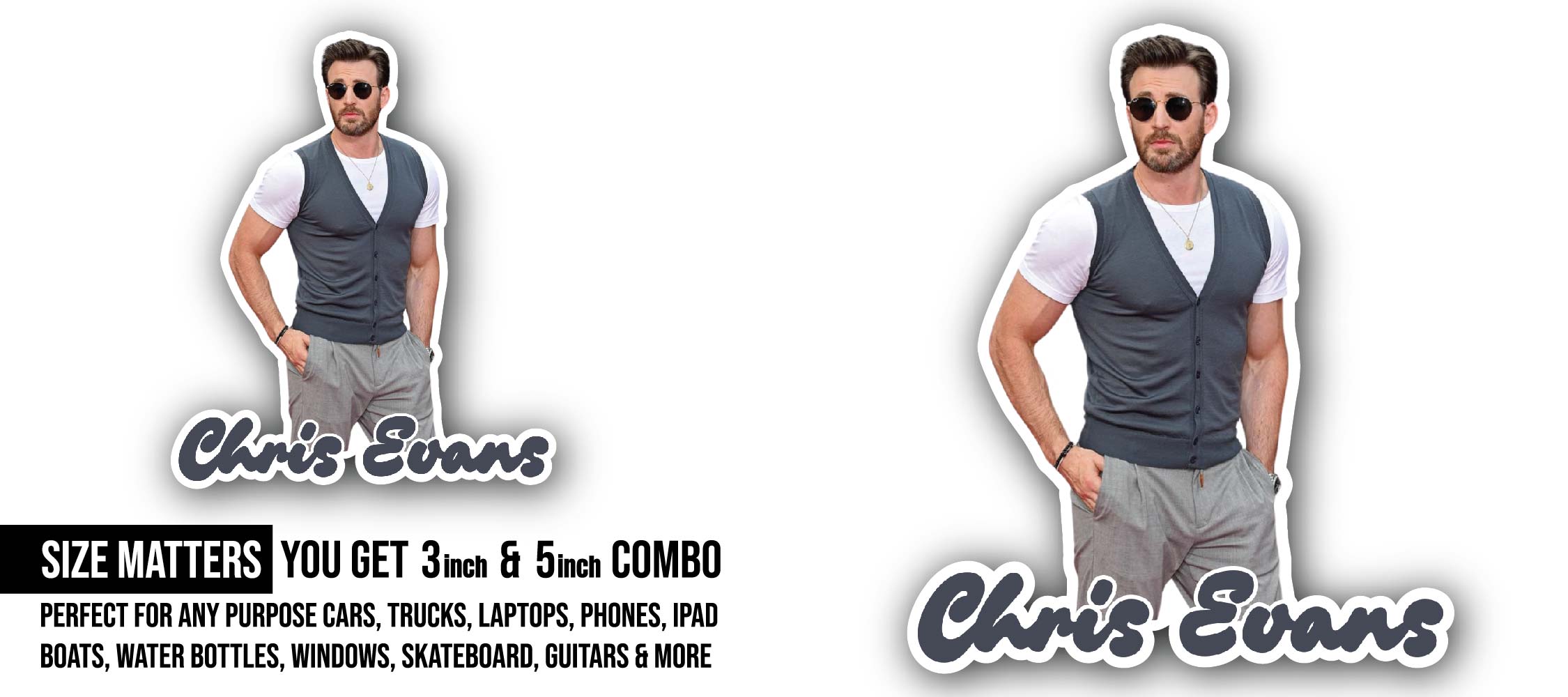 Chris Evans Sticker, Waterproof Vinyl Decal Sticker Indoor Or Outdoor 2 (Pieces) 3" and 5"