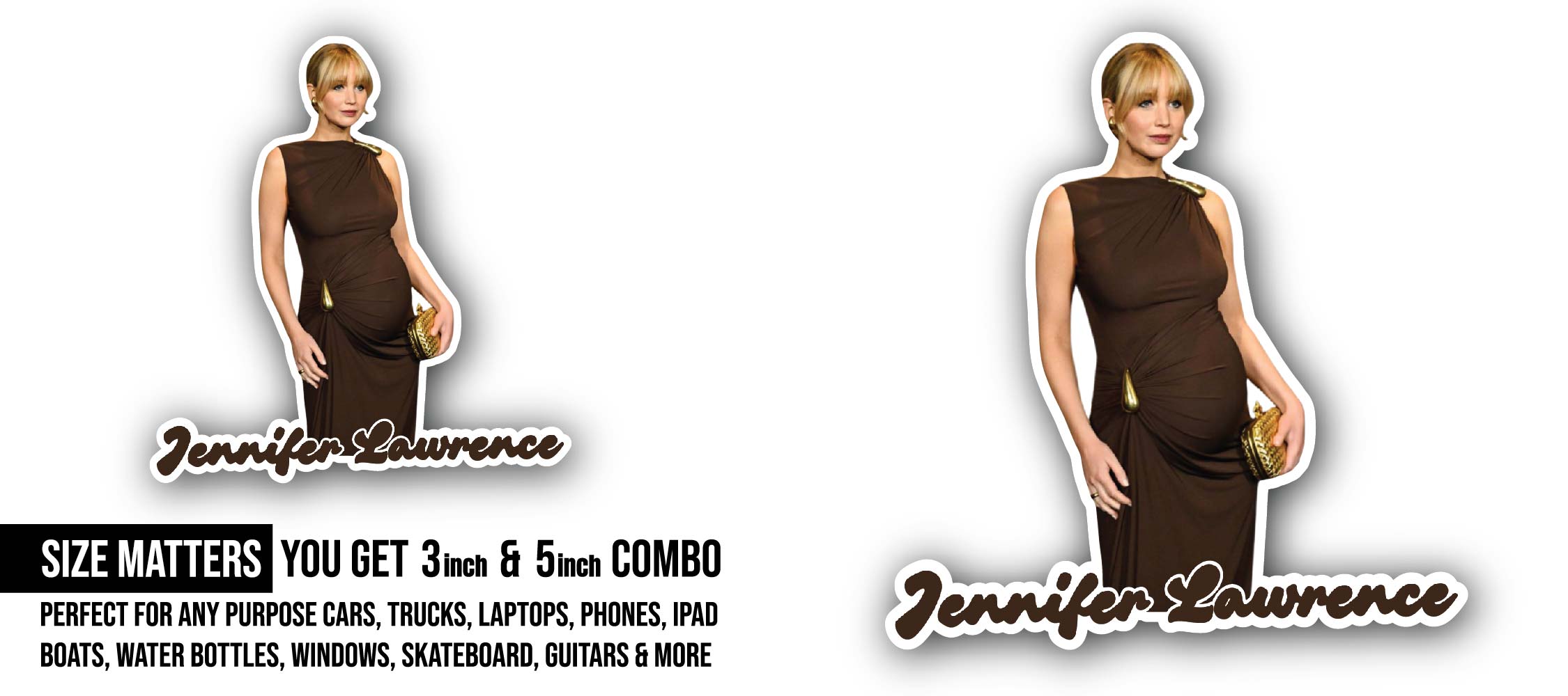Jennifer Lawrence Sticker, Waterproof Vinyl Decal Sticker Indoor Or Outdoor 2 (Pieces) 3" and 5"