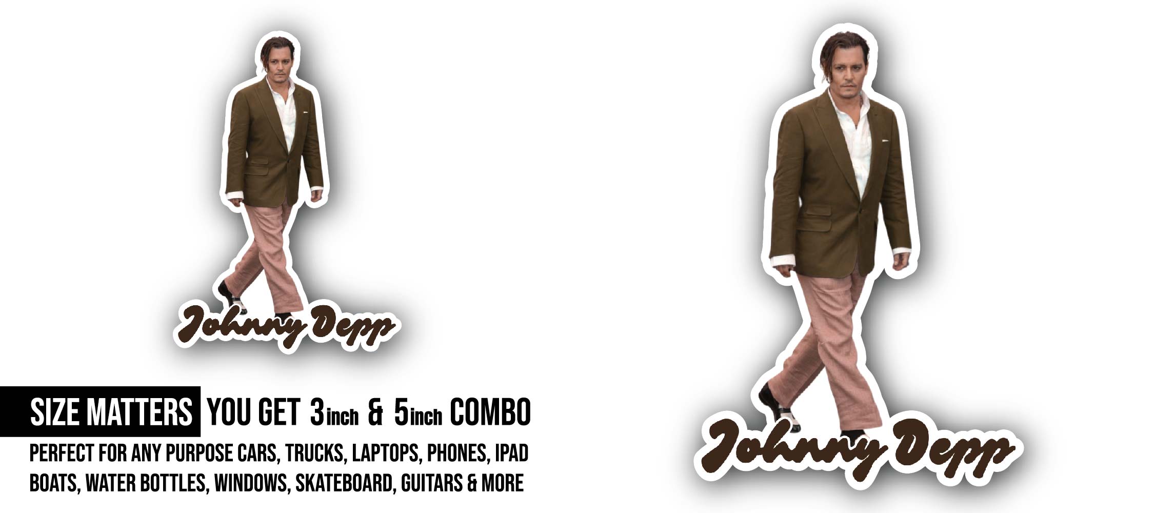 Johnny Depp Sticker, Waterproof Vinyl Decal Sticker Indoor Or Outdoor 2 (Pieces) 3" and 5"