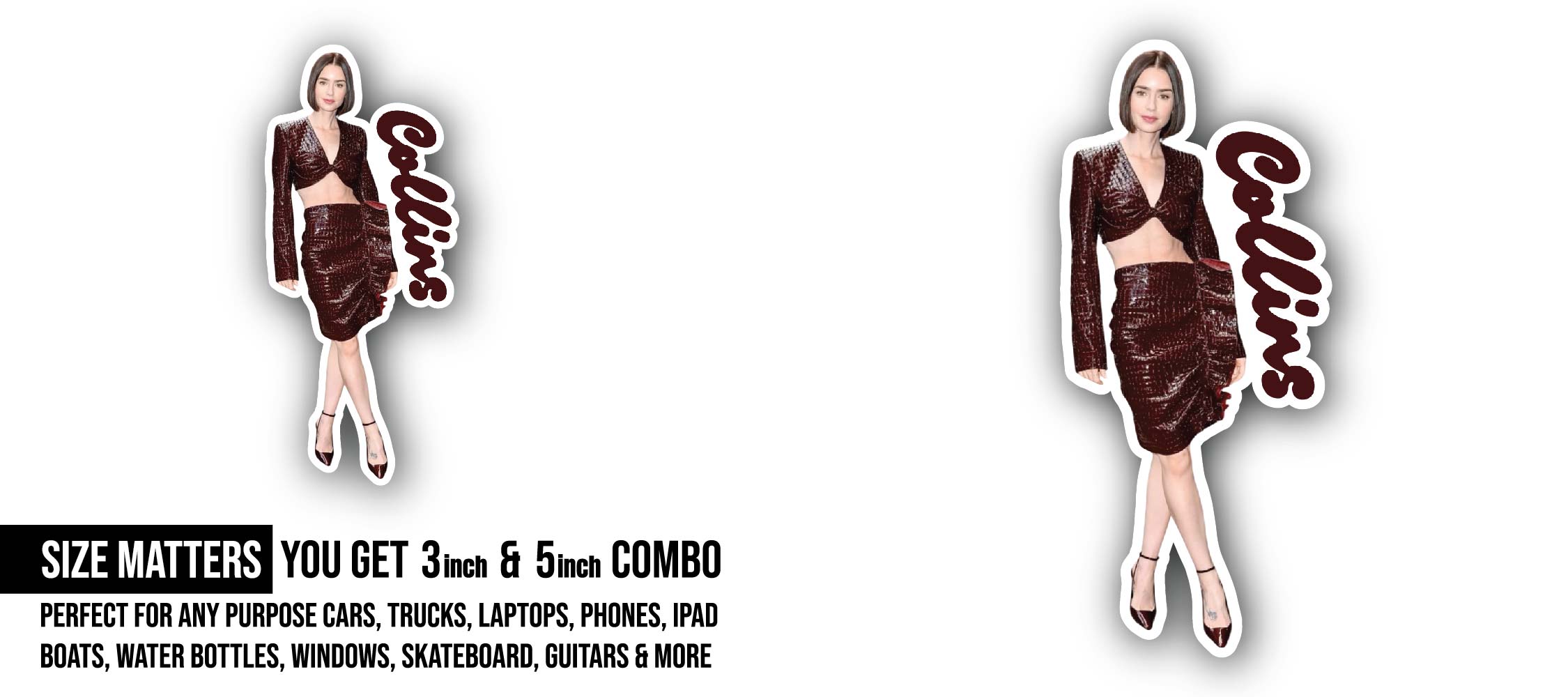 Lily Collins Sticker, Waterproof Vinyl Decal Sticker Indoor Or Outdoor 2 (Pieces) 3" and 5"