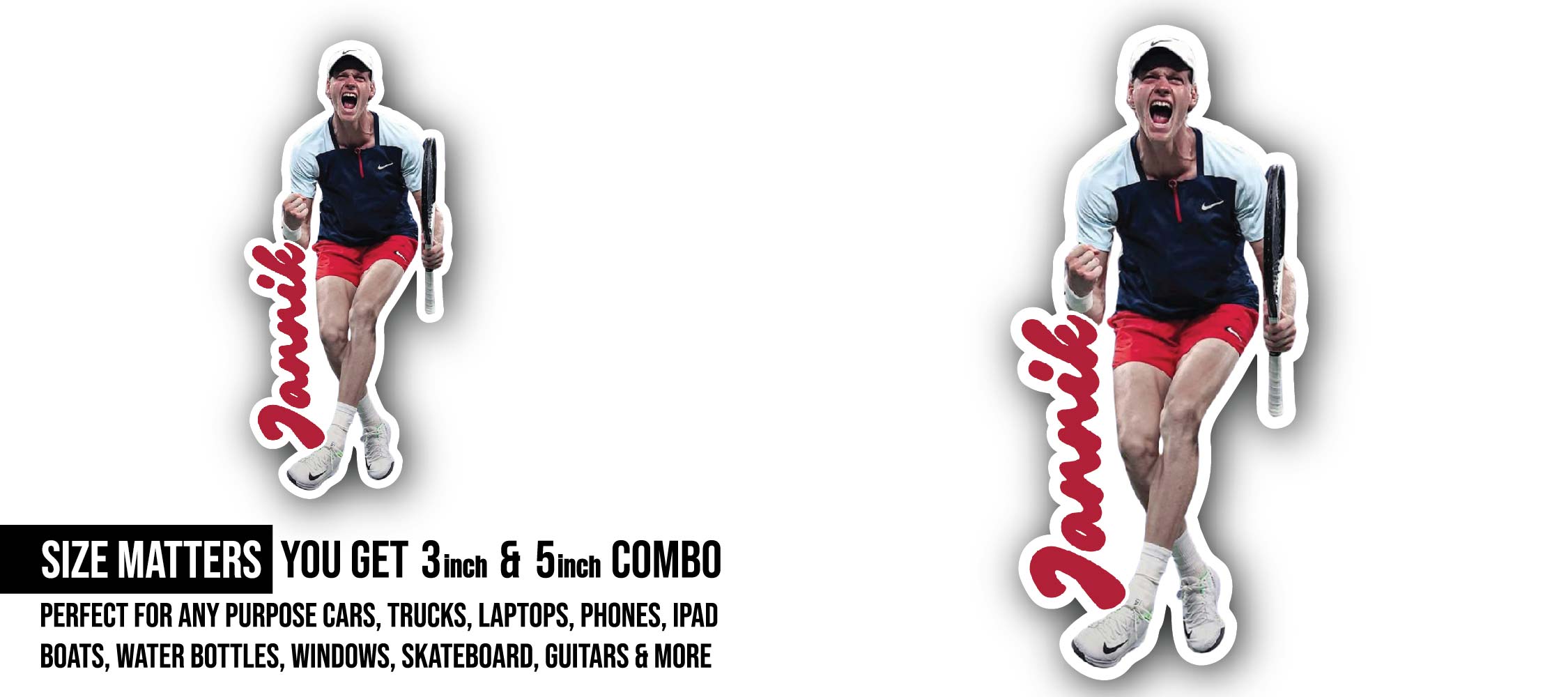 Jannik Sticker, Waterproof Vinyl Decal Sticker Indoor Or Outdoor 2 (Pieces) 3" and 5"